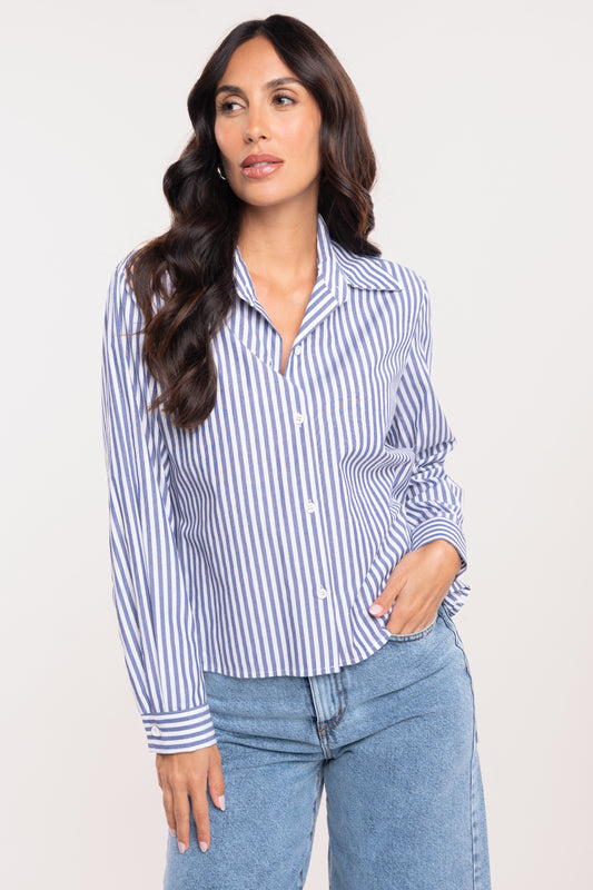 Chemise courte manches longues rayées marine 