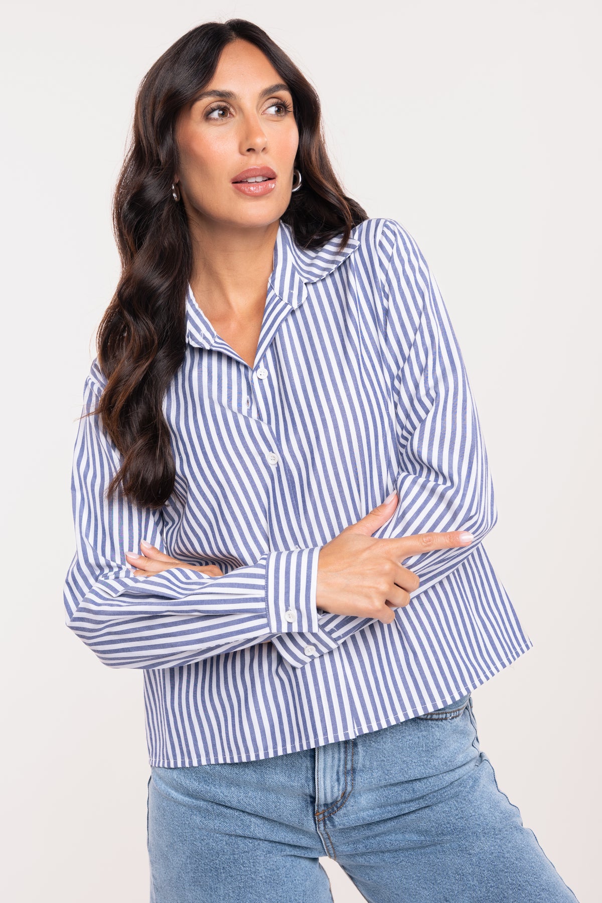 Chemise courte manches longues rayées marine