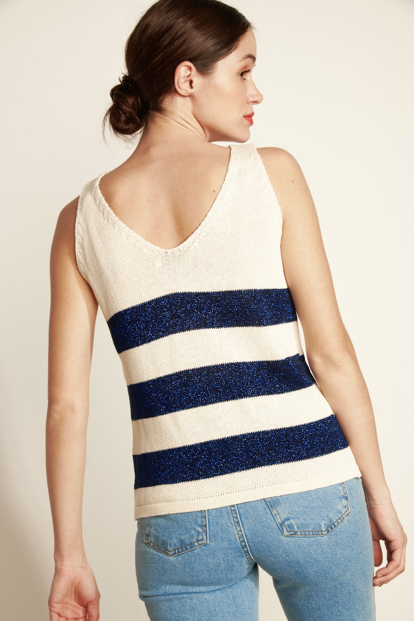 STRIPED LUREX REAMAILLE TANK TOP (4423) - NATURAL NAVY