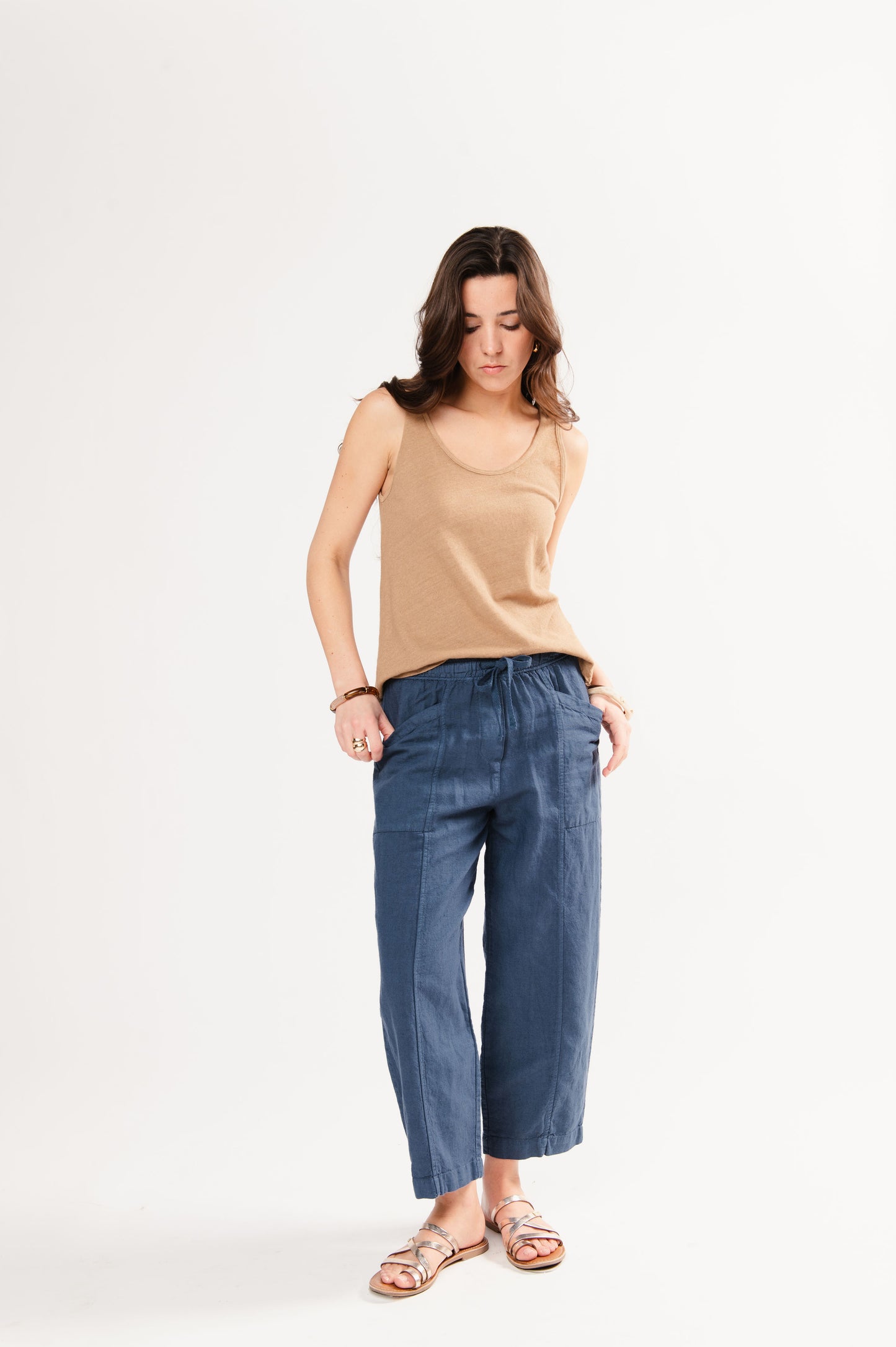PANTALON 7/8ÈME EN LIN FLAVIO BLEU