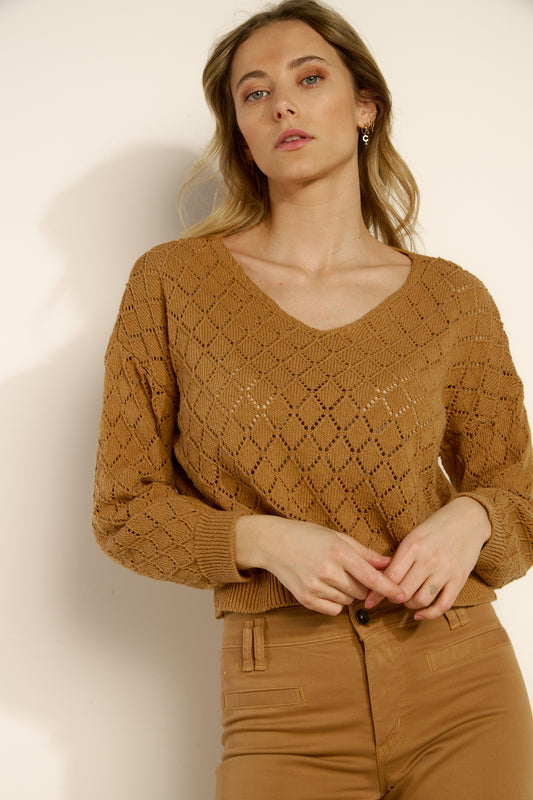 PULL COL V LOSANGE AJOURE ARLO TABAC