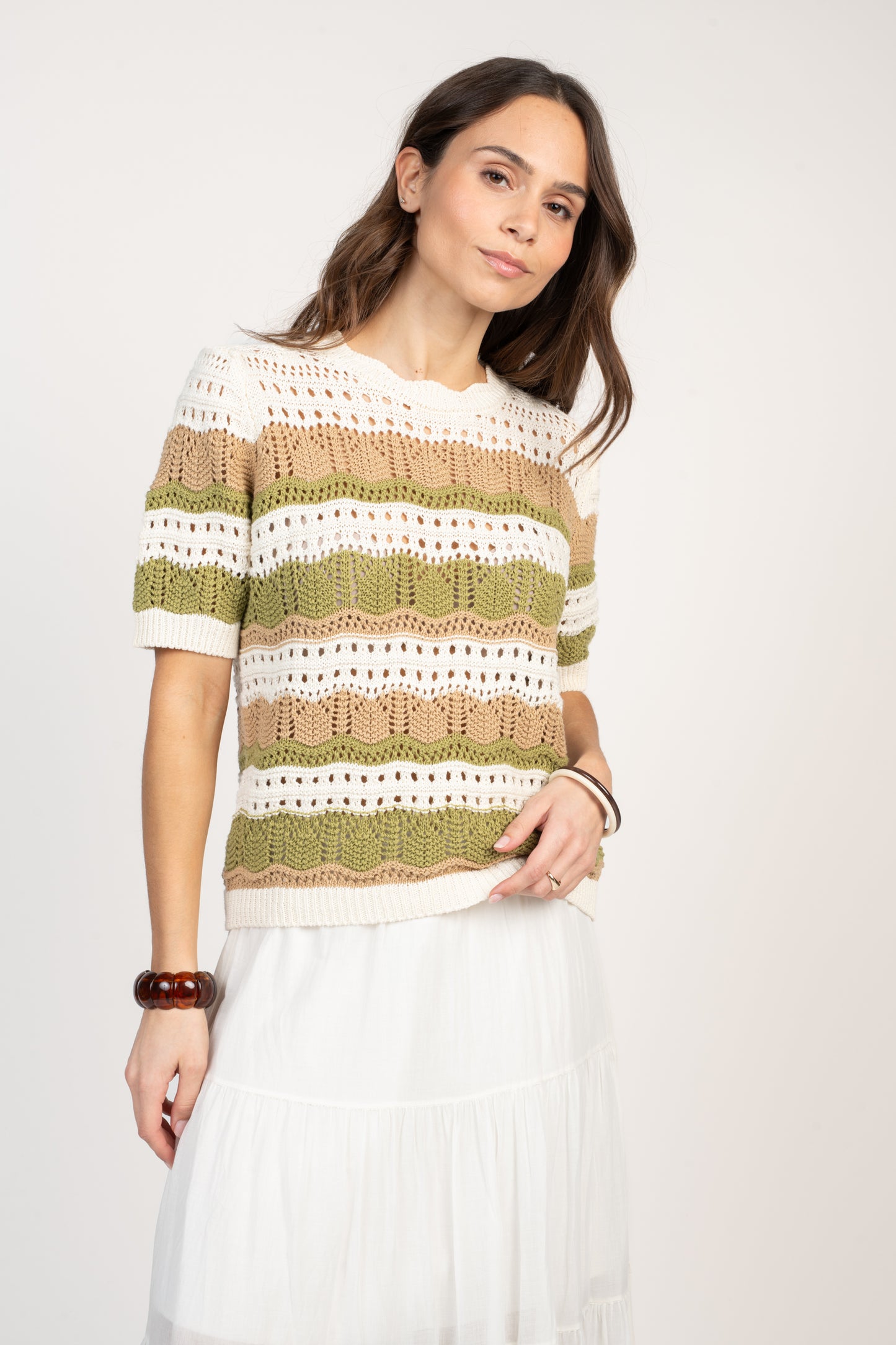 PULL EN CROCHET ELVIRA VERT & BEIGE
