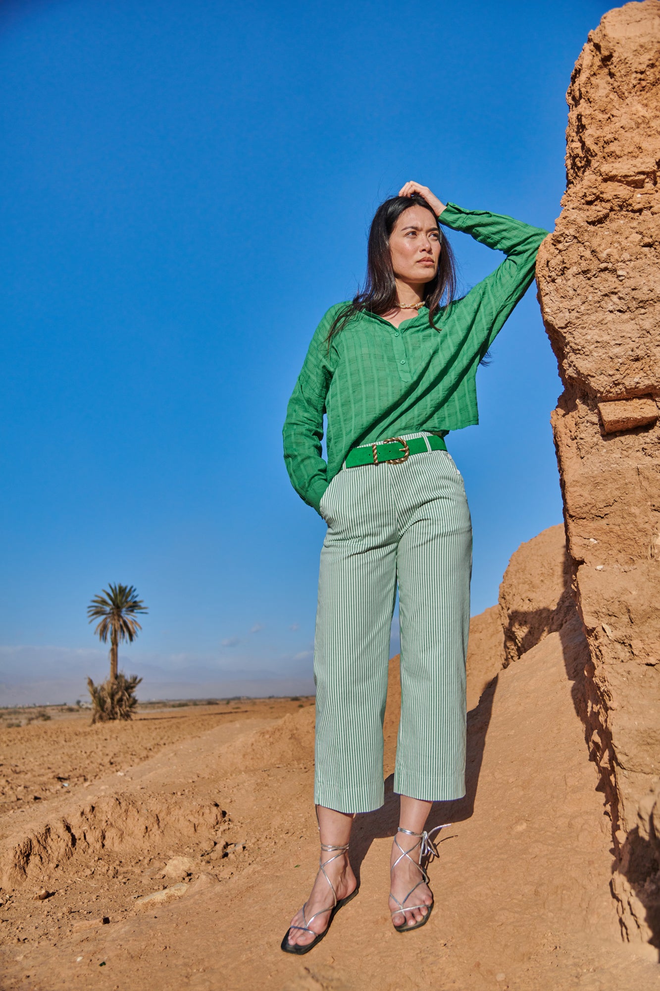 PANTALON ÉVASÉ À RAYURES VERT CAIN