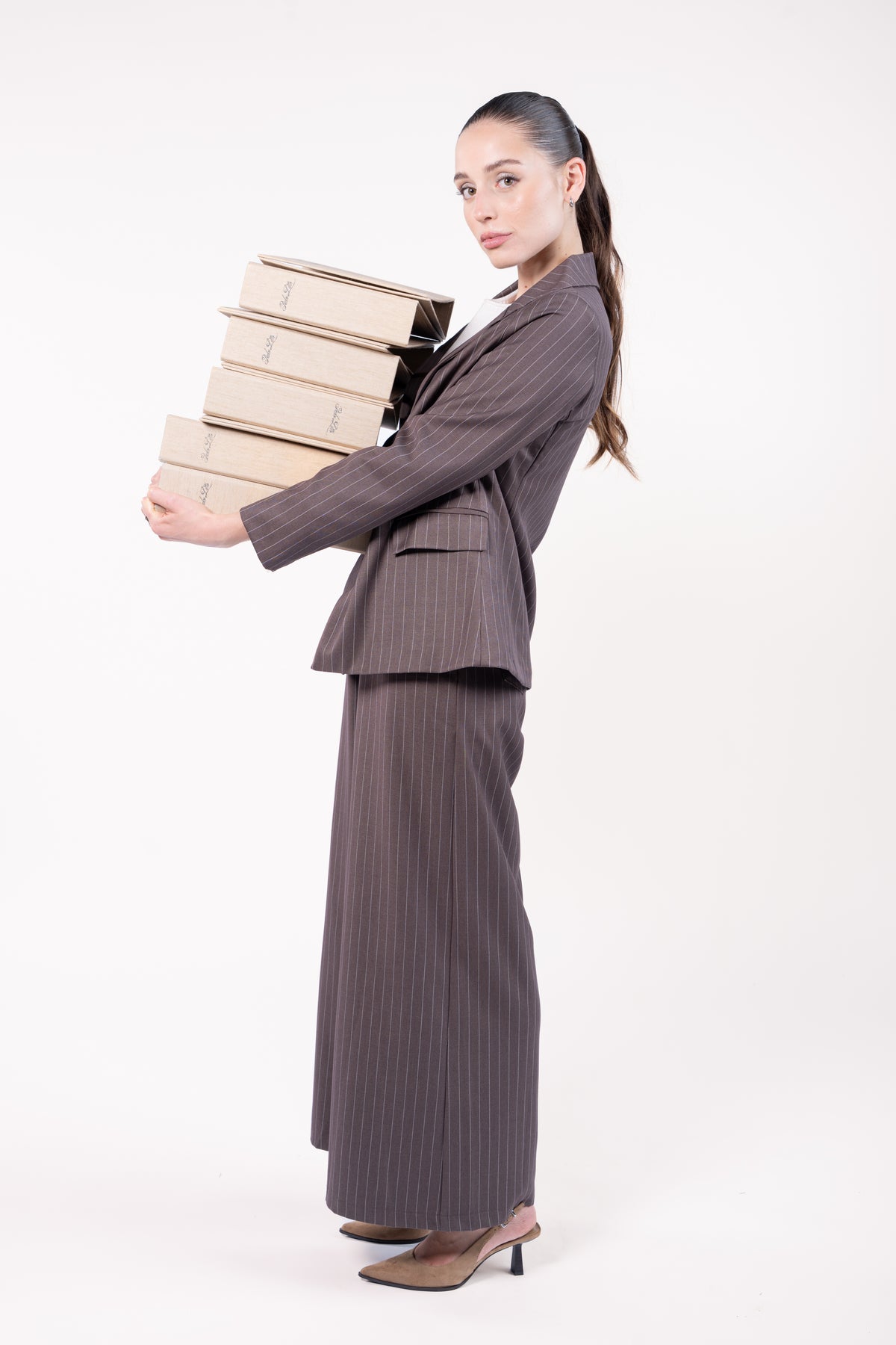 Blaser ample cappuccino et pantalon maxi évasé rayé cappuccino 