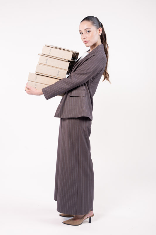 Blaser ample cappuccino et pantalon maxi évasé rayé cappuccino 