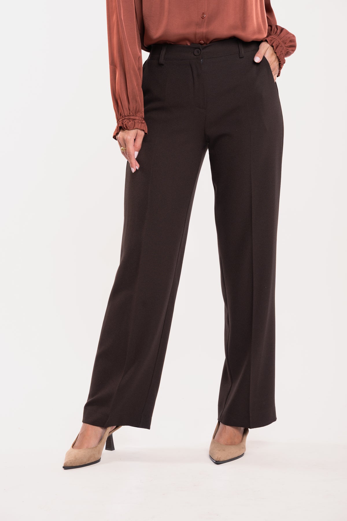 Chemise col plissé acajou et pantalon maxi évasé marron 