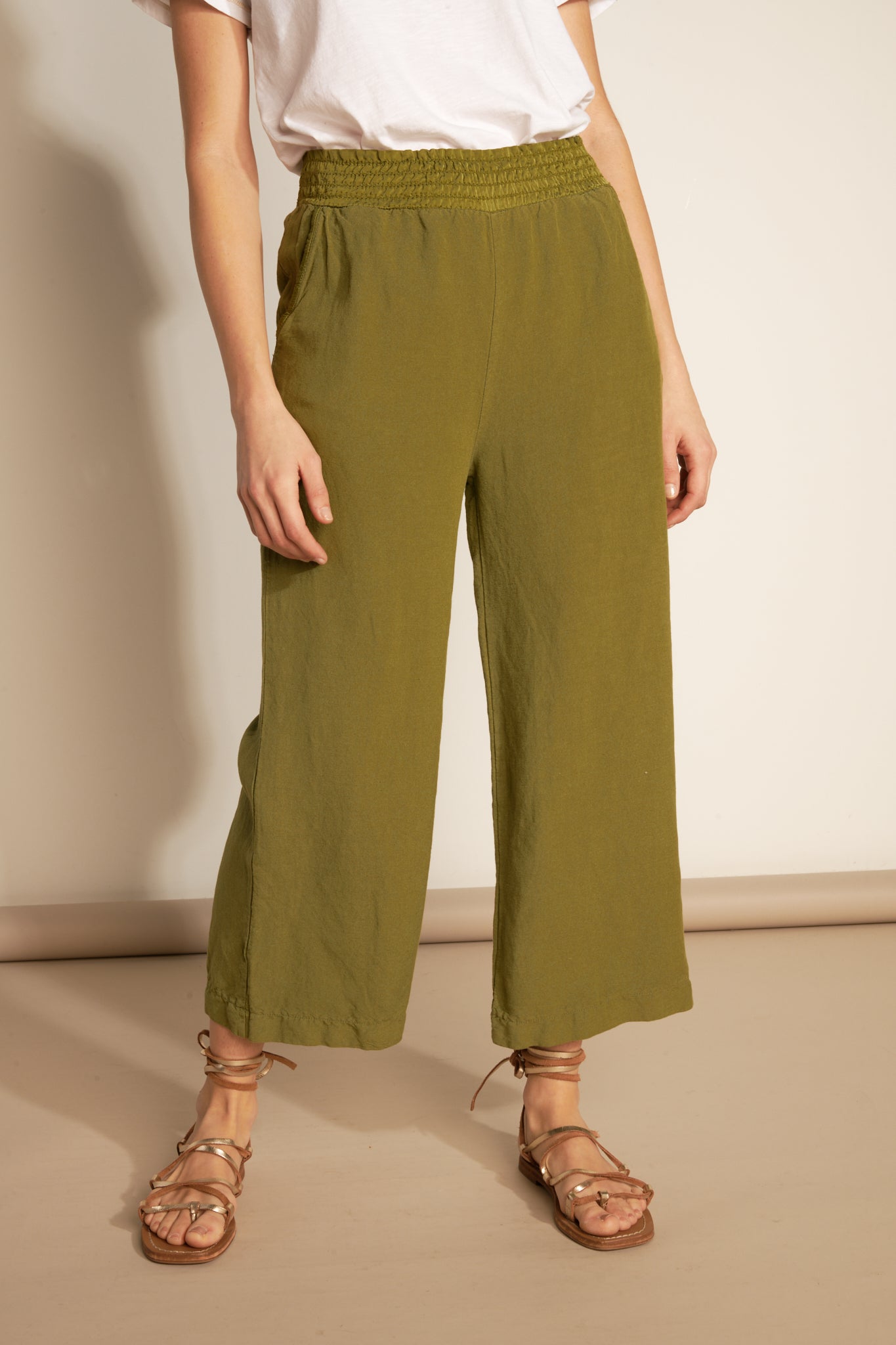 7/8 FLARE LINEN RAYON TROUSERS - KHAKI