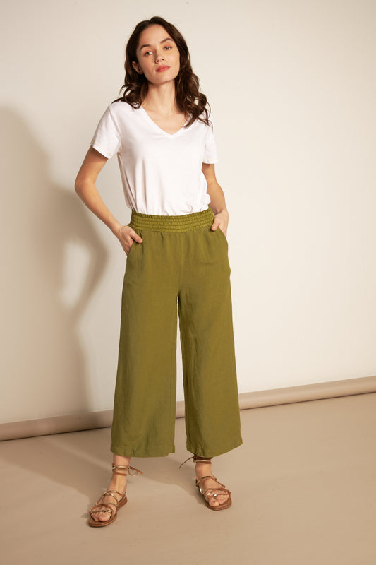 7/8 FLARE LINEN RAYON TROUSERS - KHAKI