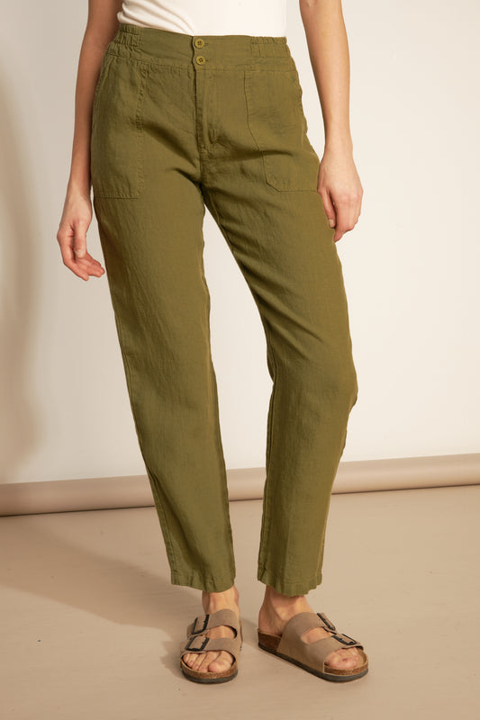 ELASTIC LINEN PLATE POCKET TROUSERS - KHAKI