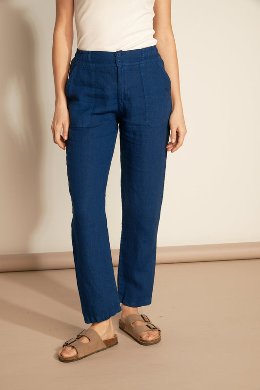 ELASTIC PANTS WITH LINEN PLATE POCKET - OCEAN