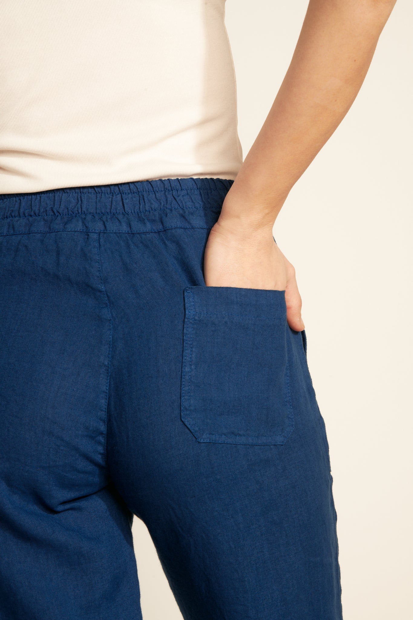 ELASTIC PANTS WITH LINEN PLATE POCKET - OCEAN