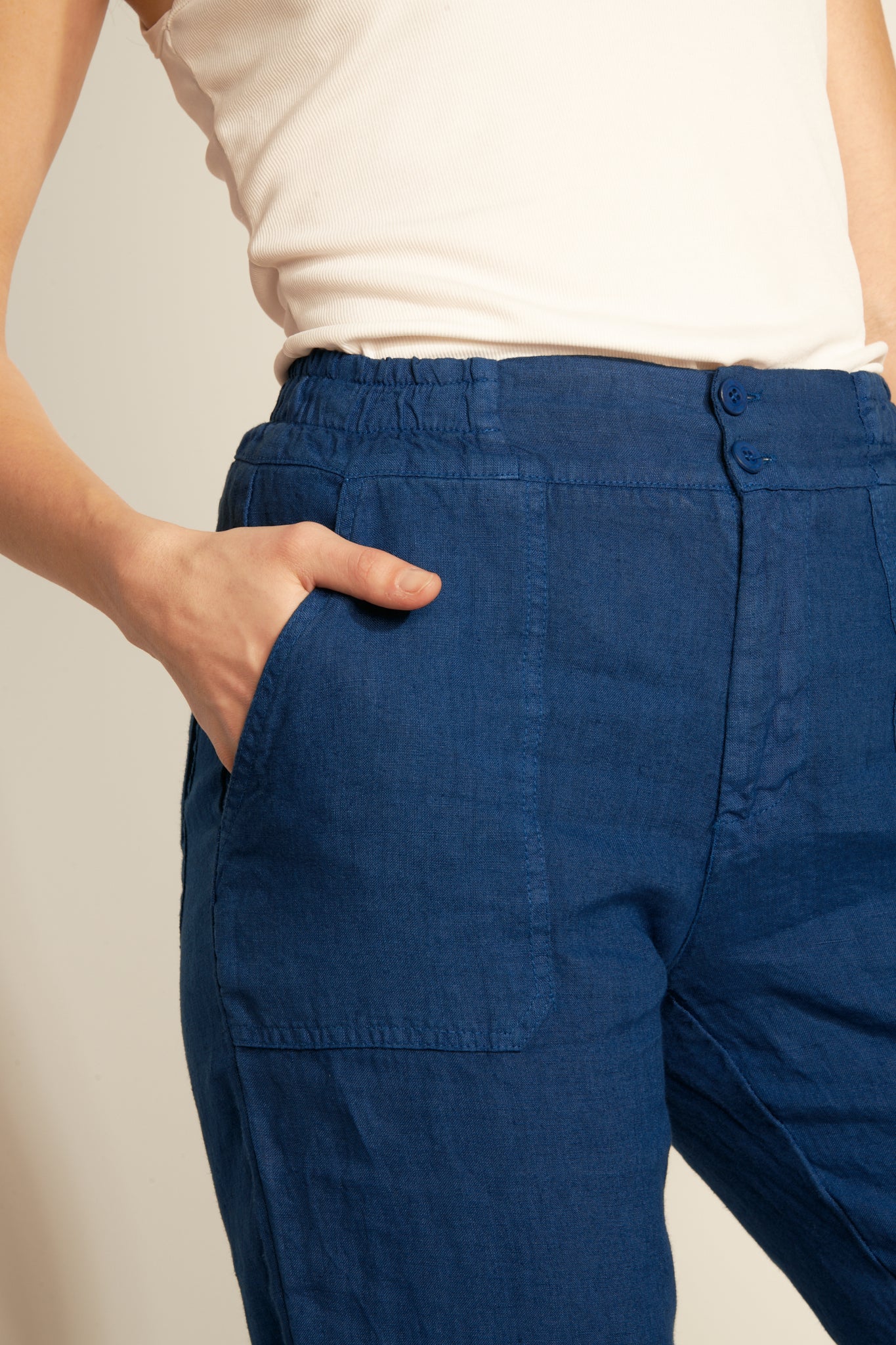 ELASTIC PANTS WITH LINEN PLATE POCKET - OCEAN