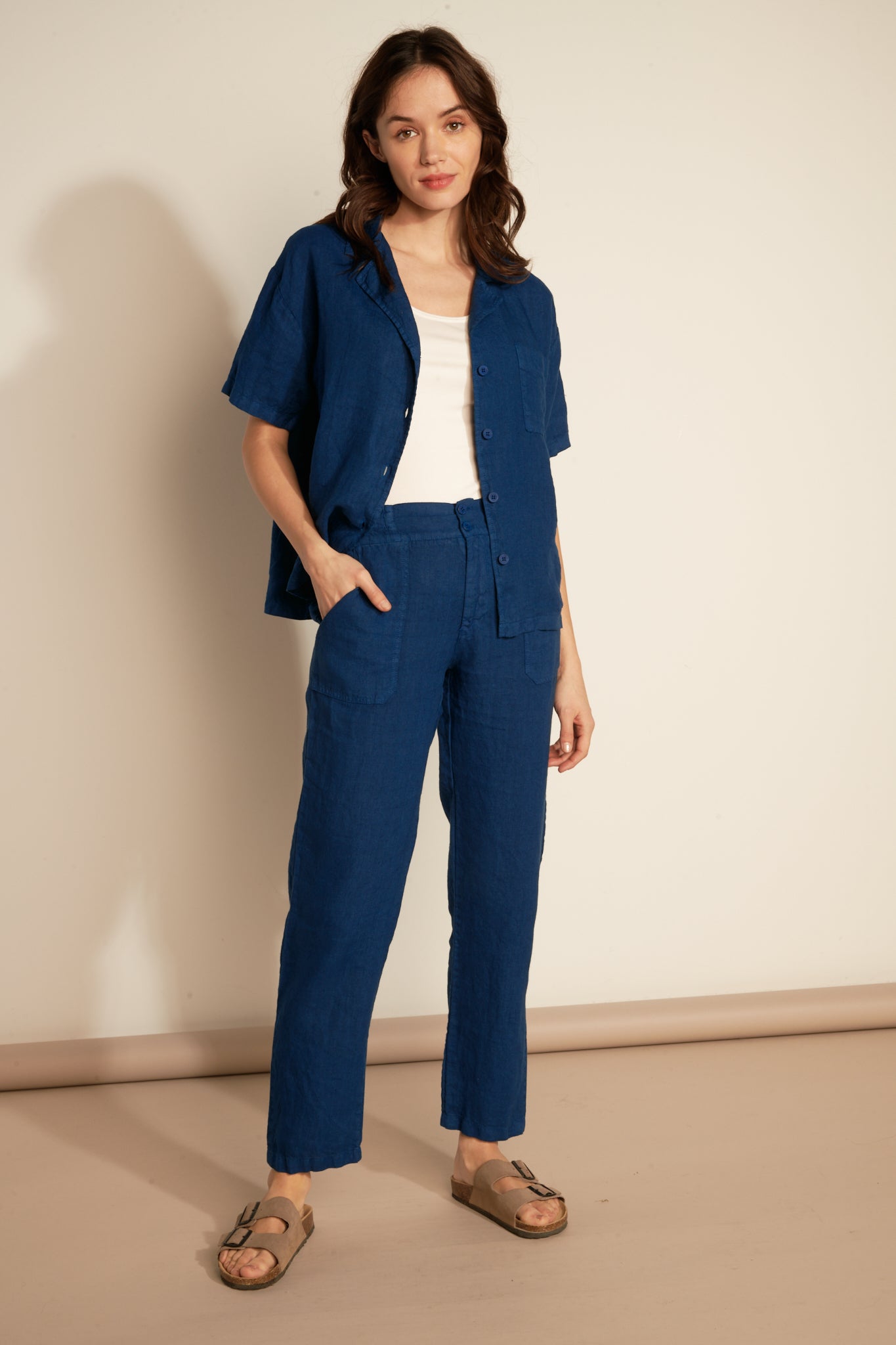 ELASTIC PANTS WITH LINEN PLATE POCKET - OCEAN