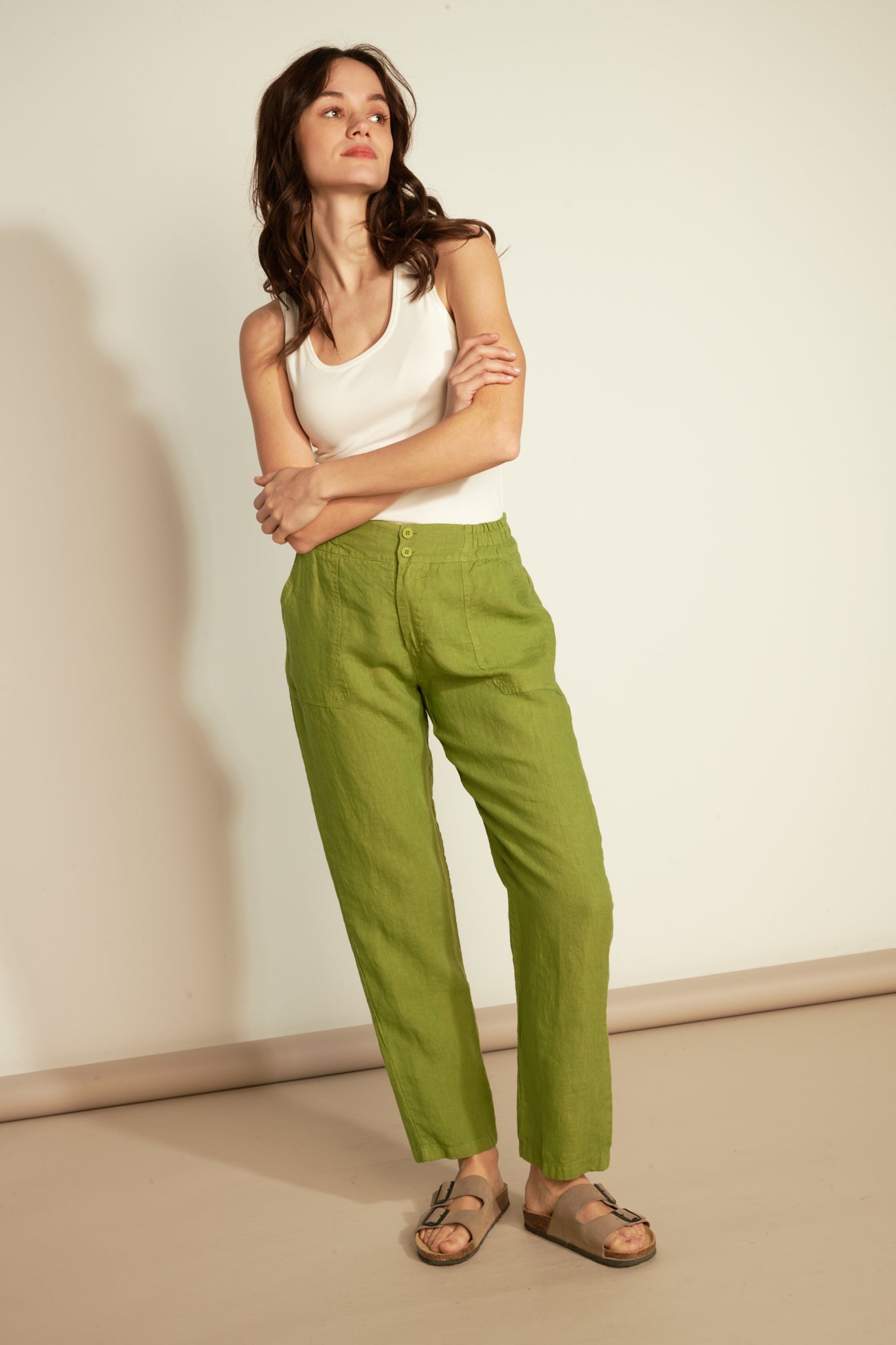 ELASTIC TROUSERS WITH LINEN PLATE POCKET - PISTACHIO