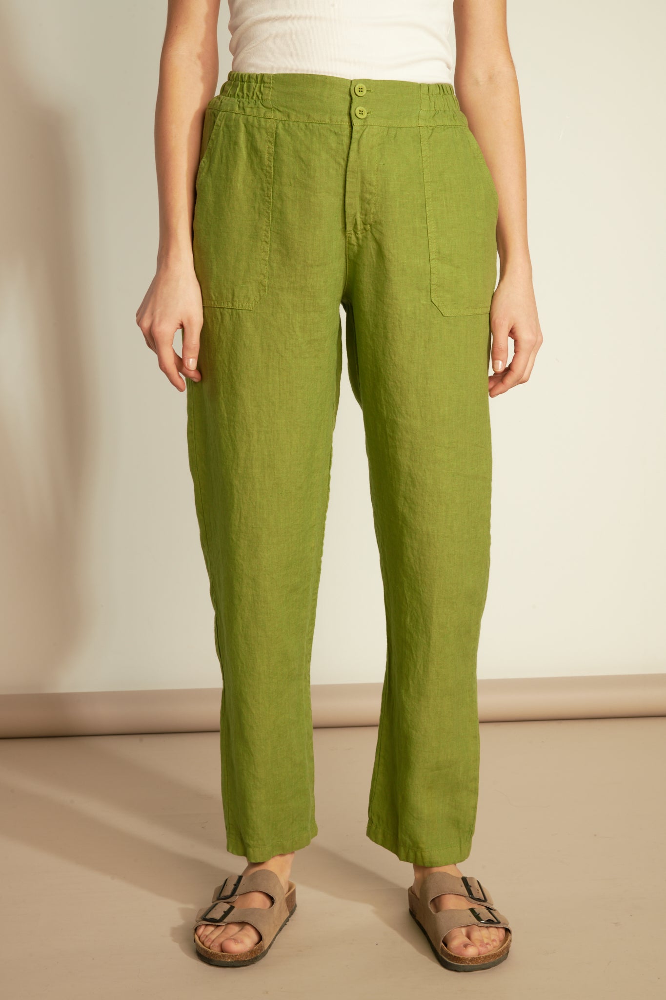 ELASTIC TROUSERS WITH LINEN PLATE POCKET - PISTACHIO