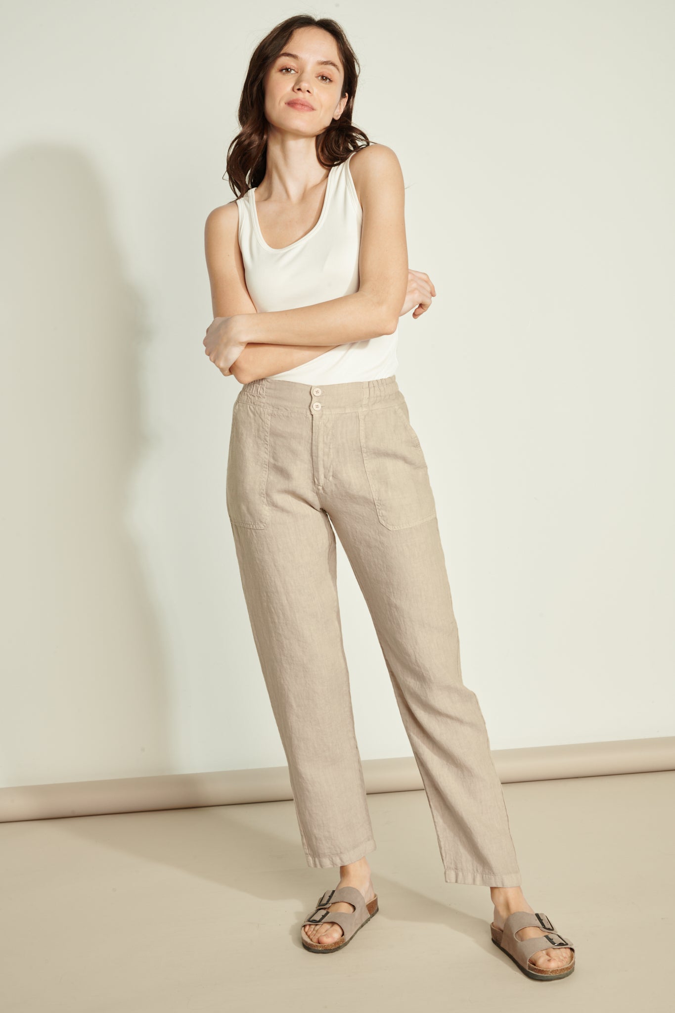 ELASTIC LINEN PLATE POCKET TROUSERS - SAND