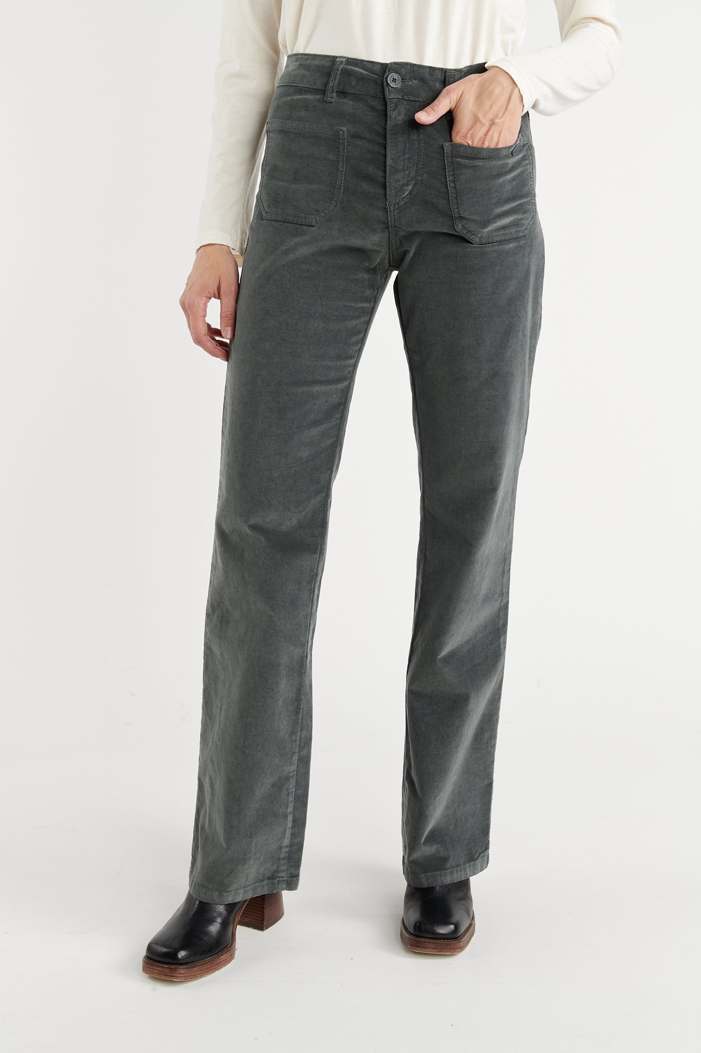 PANTALON FLARE VELOURS ANOUCK CARBONE