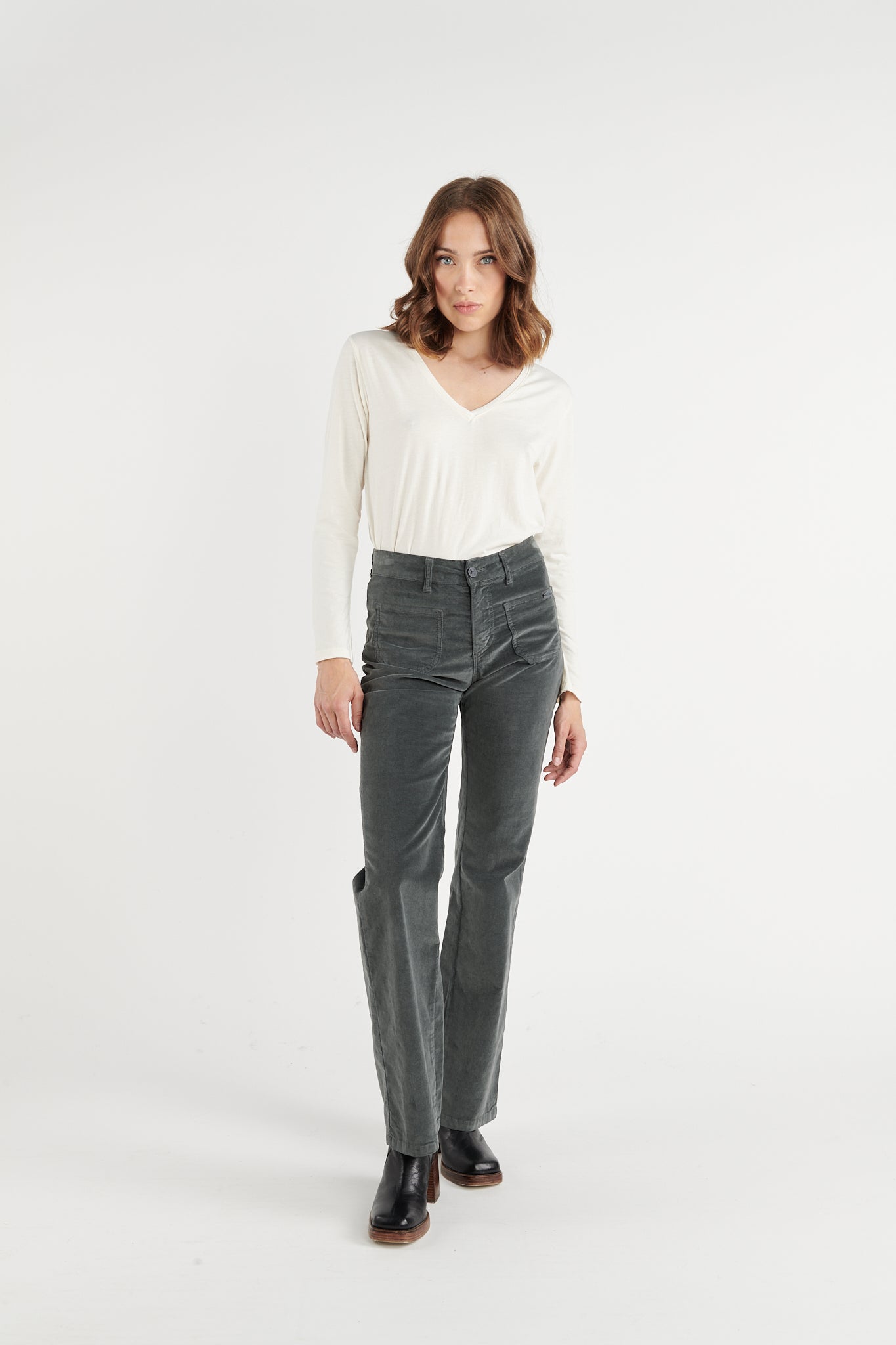 PANTALON FLARE VELOURS ANOUCK CARBONE