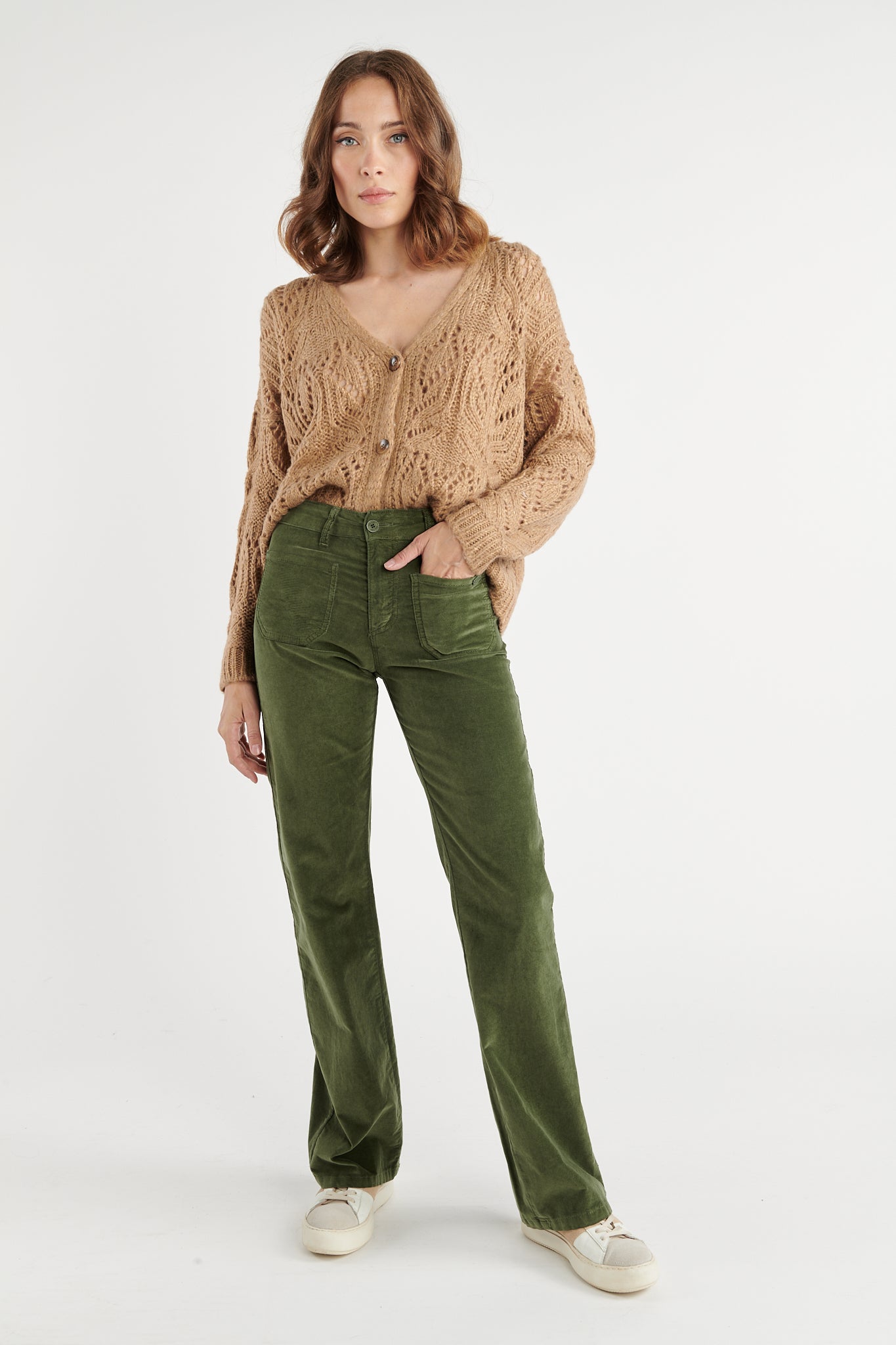 PANTALON FLARE VELOURS ANOUCK KAKI