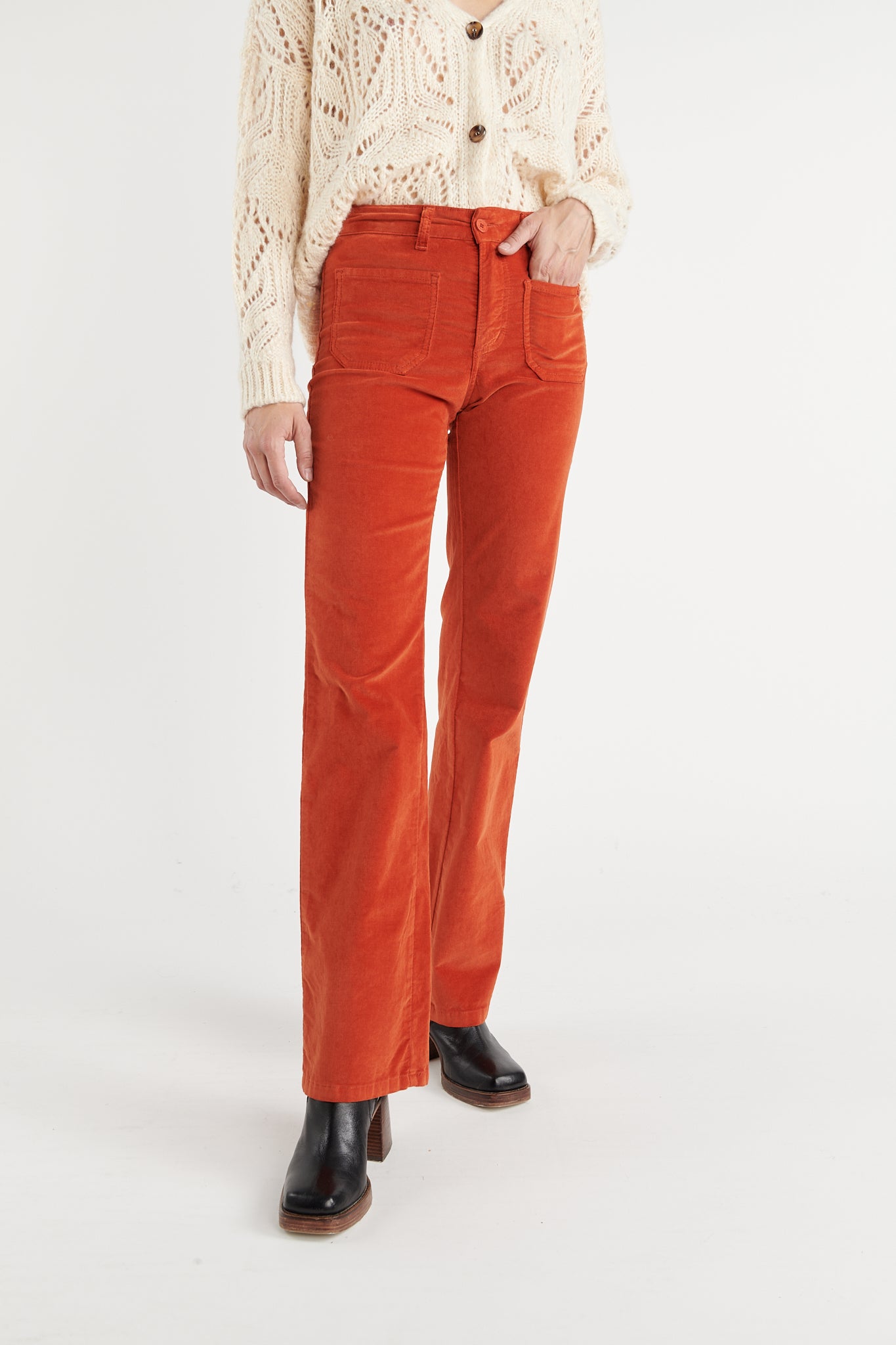 PANTALON FLARE VELOURS ANOUCK ORANGE BRULÉ