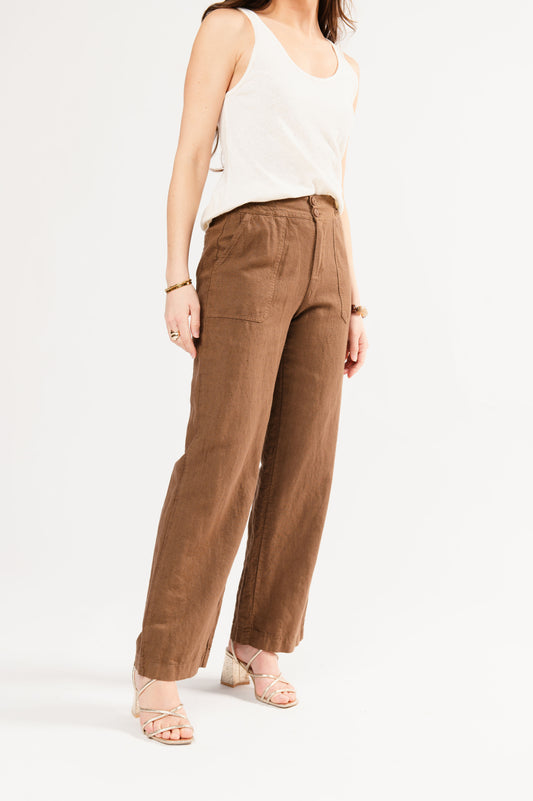 PANTALON EN LIN FÉDÉRICA MARRON