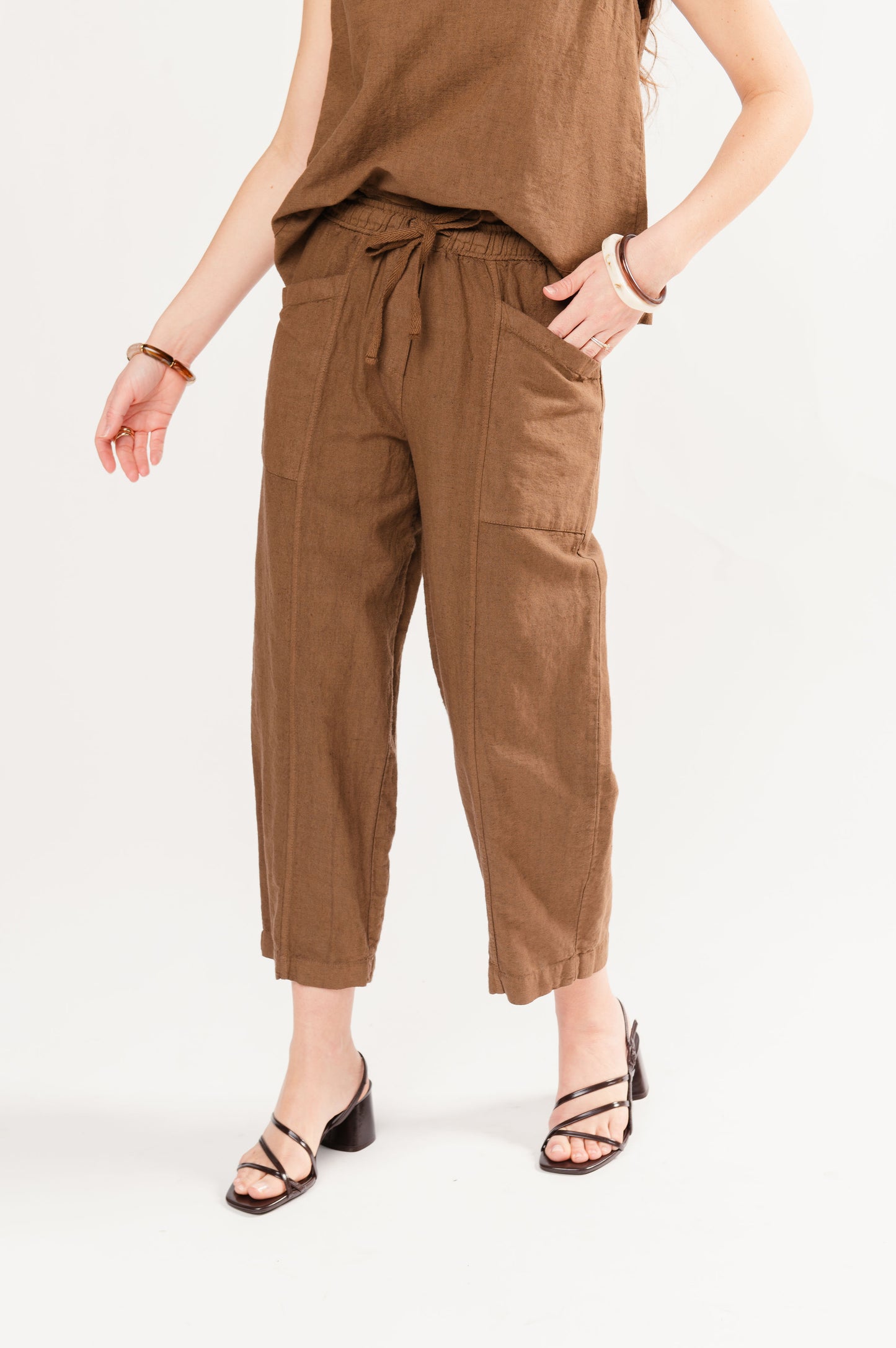 PANTALON 7/8ÈME EN LIN FLAVIO MARRON