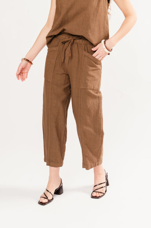 PANTALON 7/8ÈME EN LIN FLAVIO MARRON
