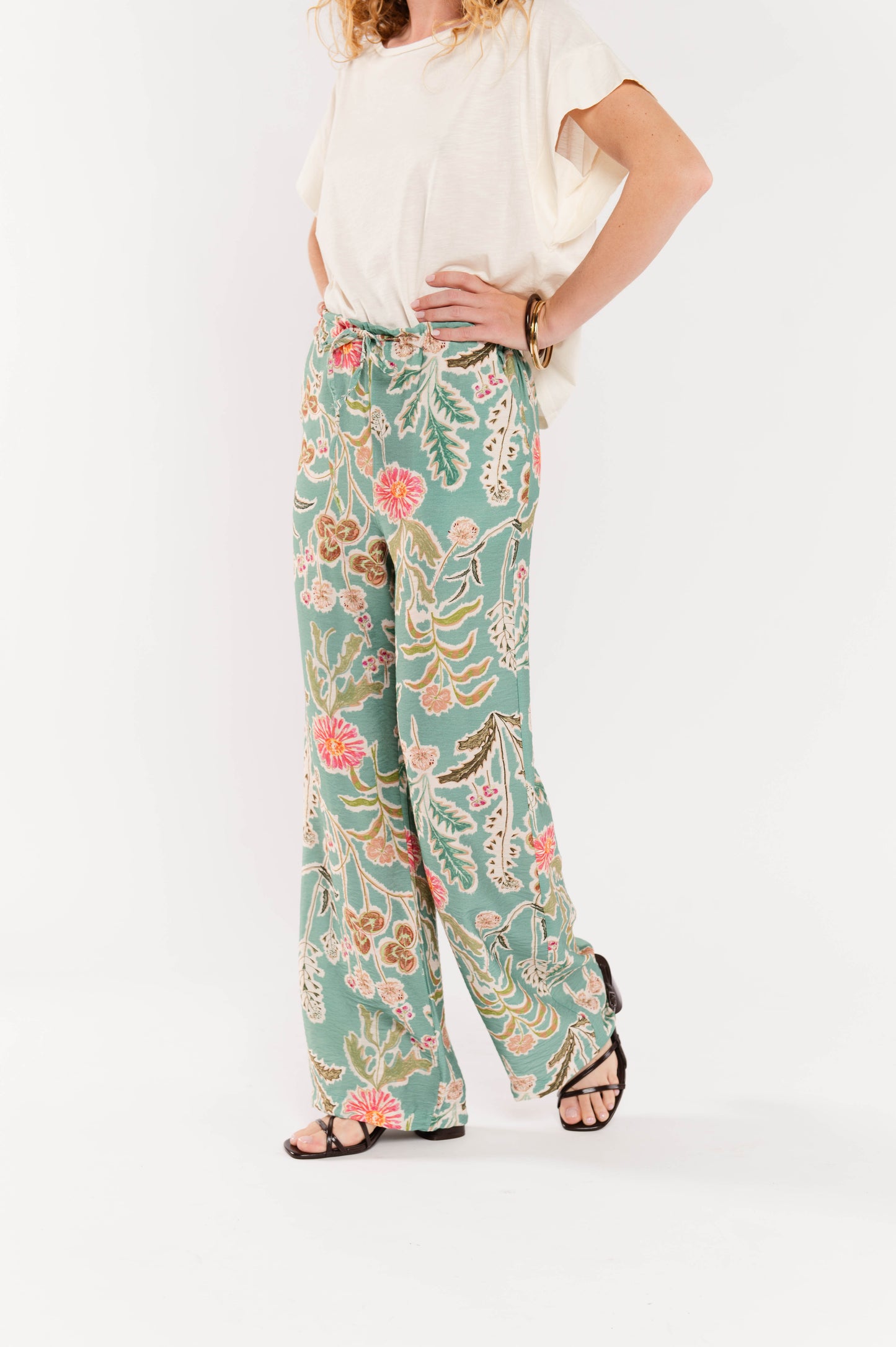 PANTALON À FLEURS FABIO VERT D'EAU