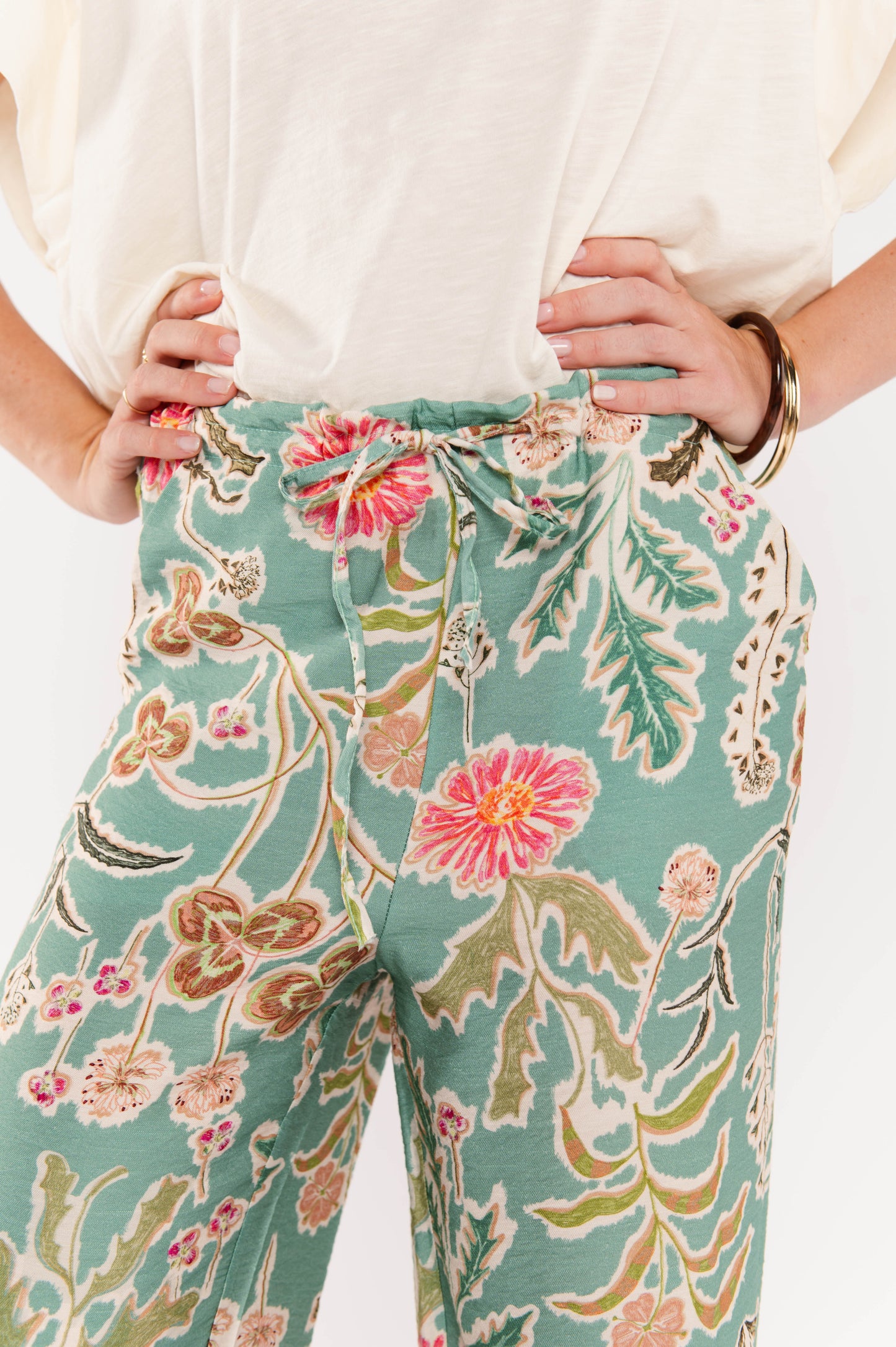 PANTALON À FLEURS FABIO VERT D'EAU