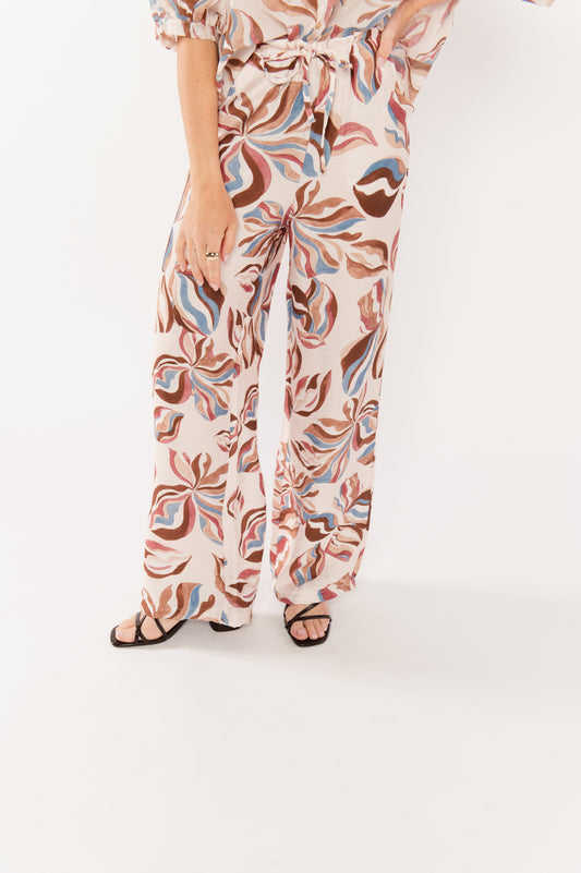 PANTALON À FLEURS EDENA ÉCRU & MARRON