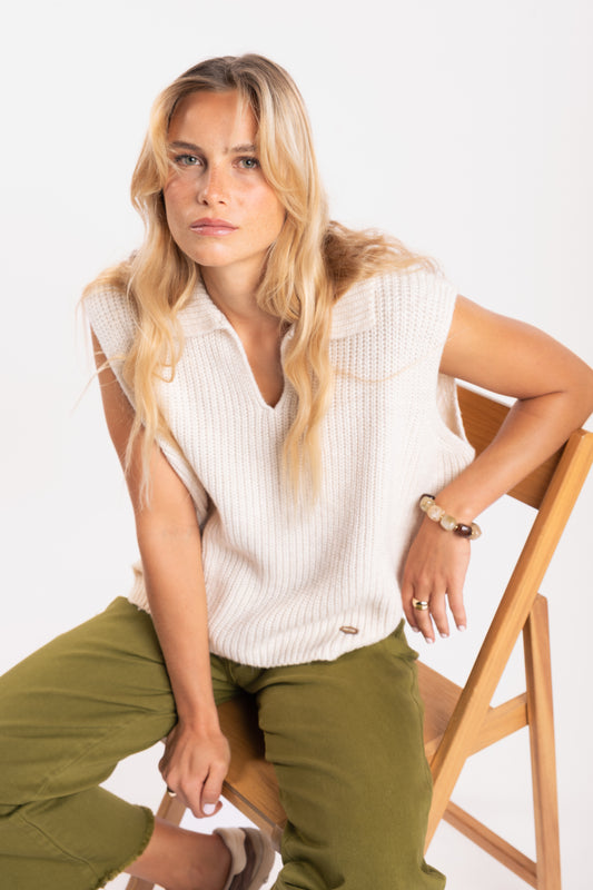 Pull col polo écru 