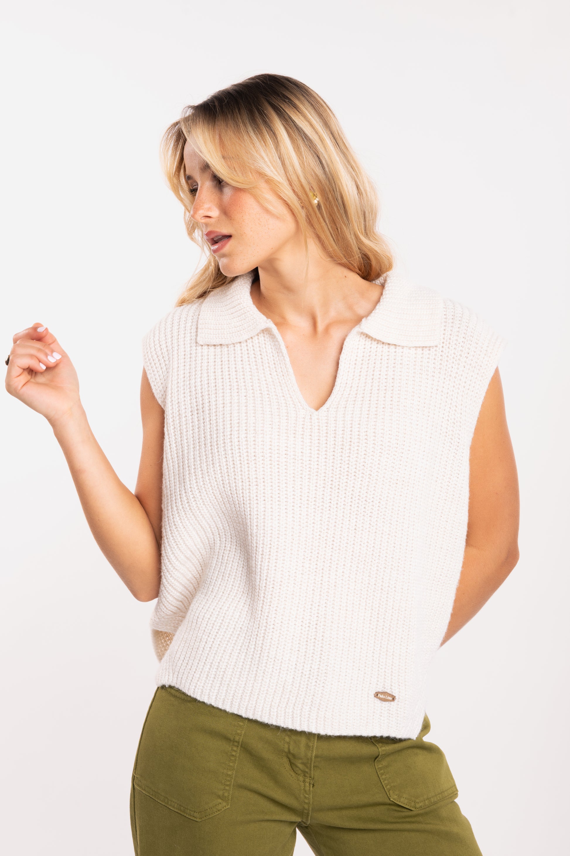 Pull col polo écru 