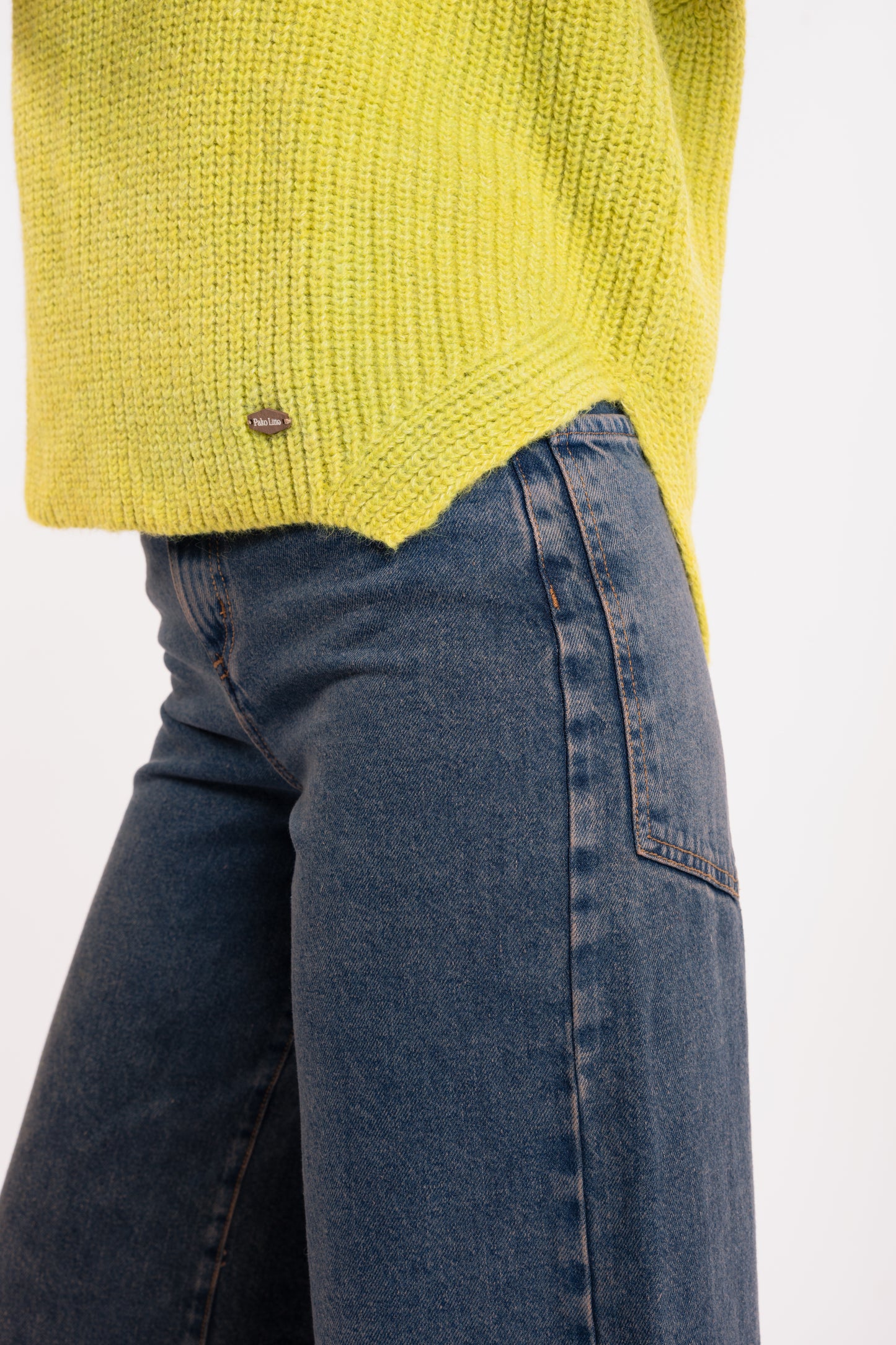 Pull col polo vert olive et jean long maxi évasé 