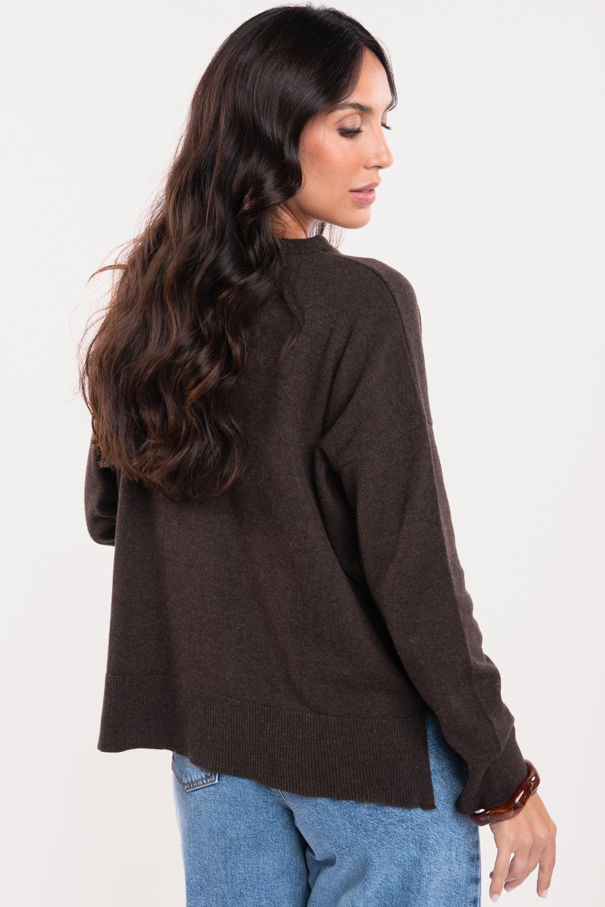 Pull fin col rond marron 