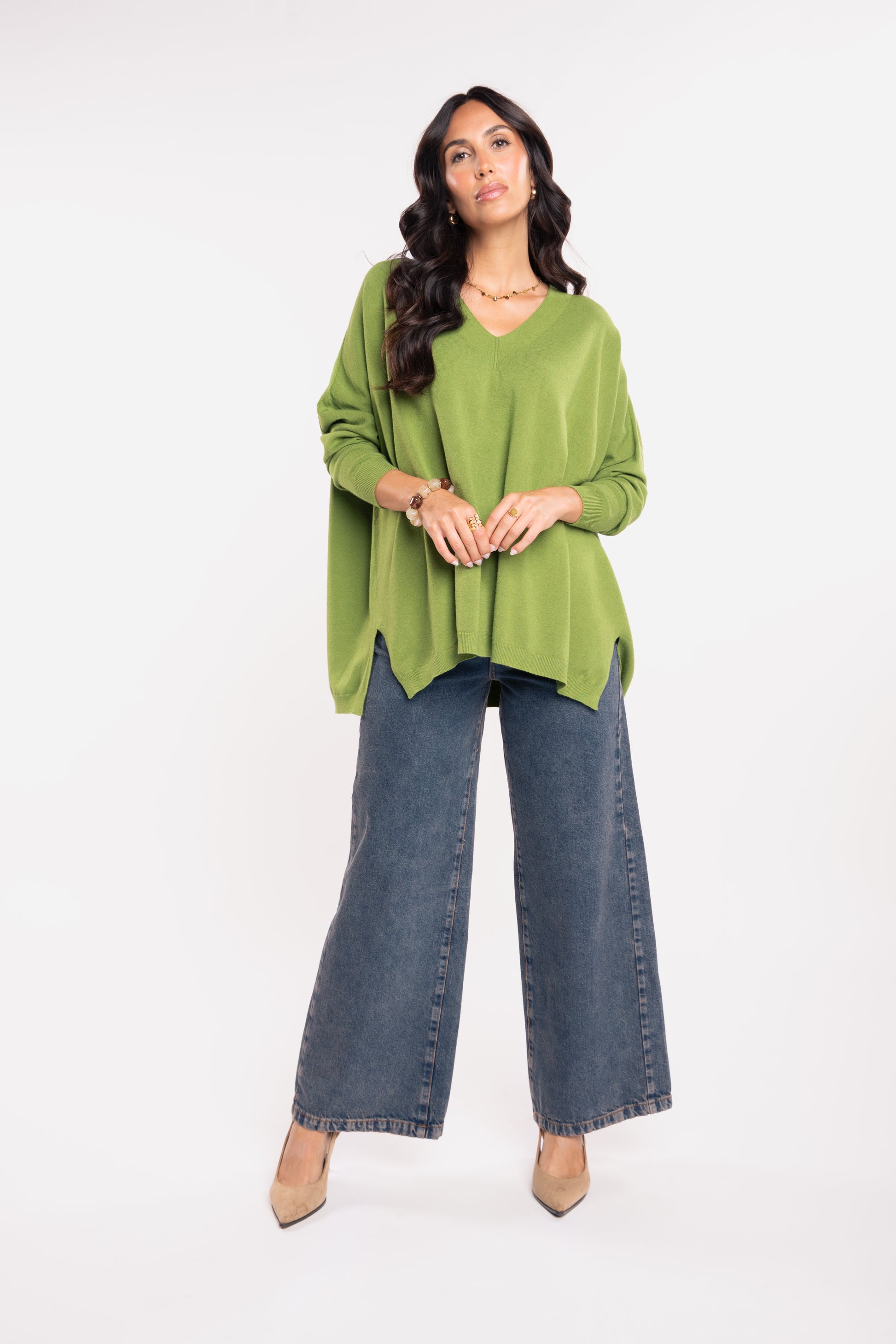 Pull oversize vert et jean long maxi évasé 
