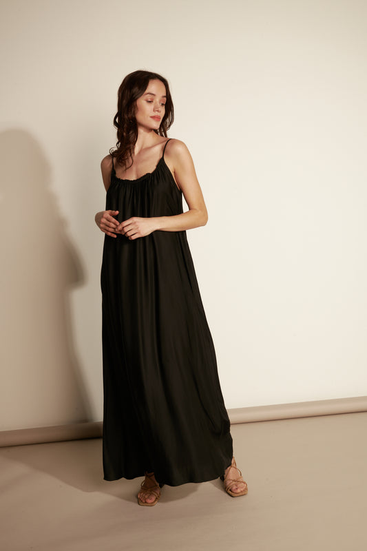 LONG SILKY FINE STRAP DRESS (FA650A05Q) - BLACK