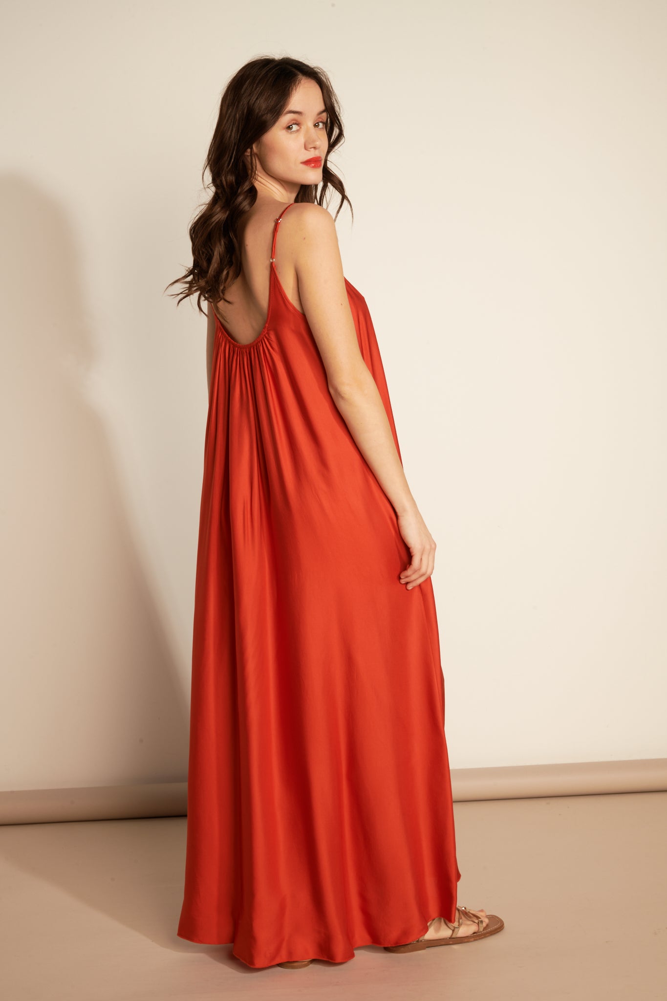 LONG SILKY FINE STRAP DRESS (FA650A05Q) - ORANGEADE
