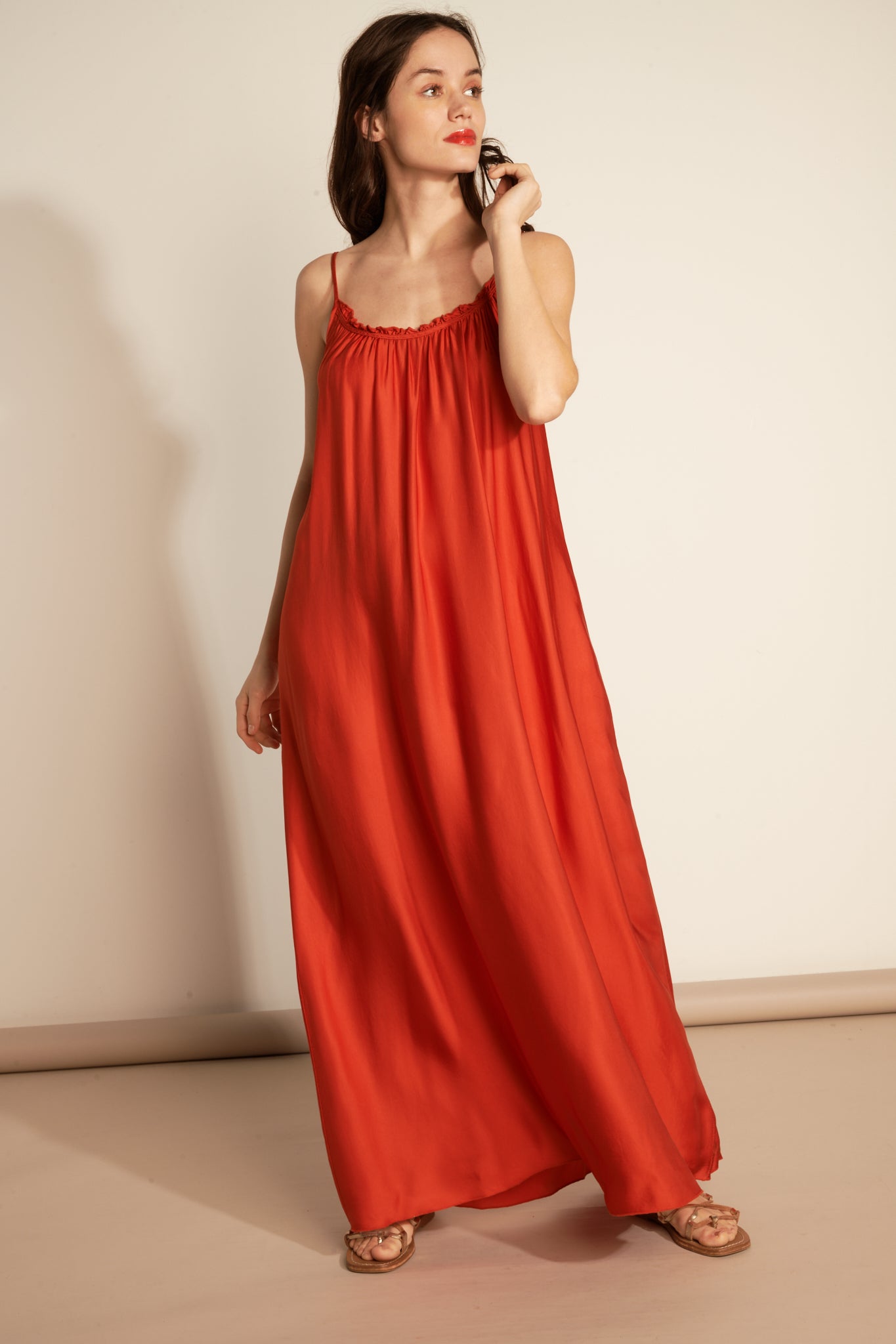 LONG SILKY FINE STRAP DRESS (FA650A05Q) - ORANGEADE