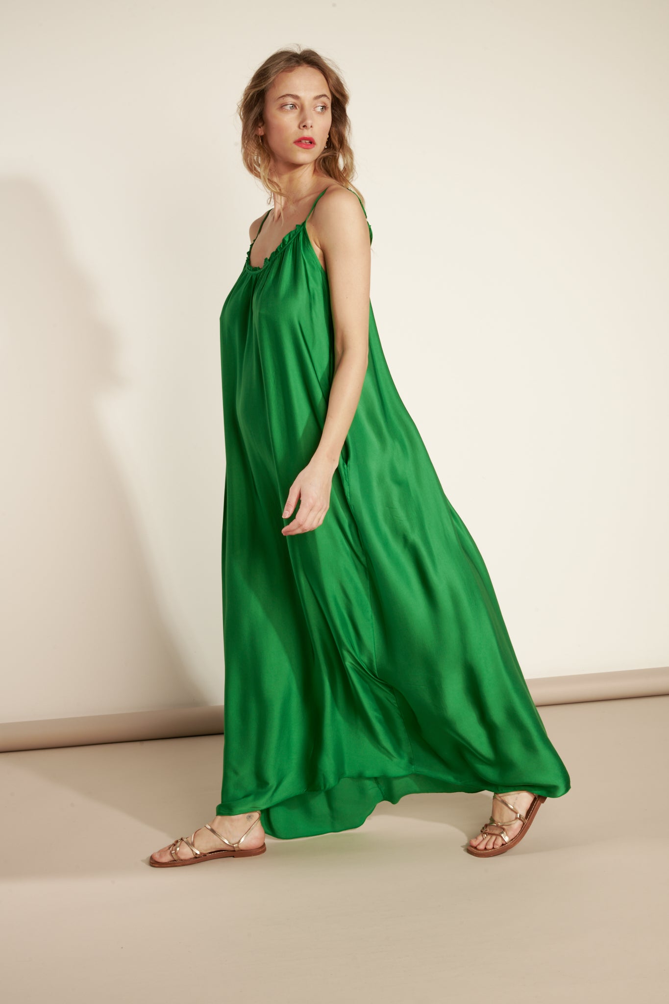 ANDRÉANE GREEN LONG DRESS WITH STRAPS