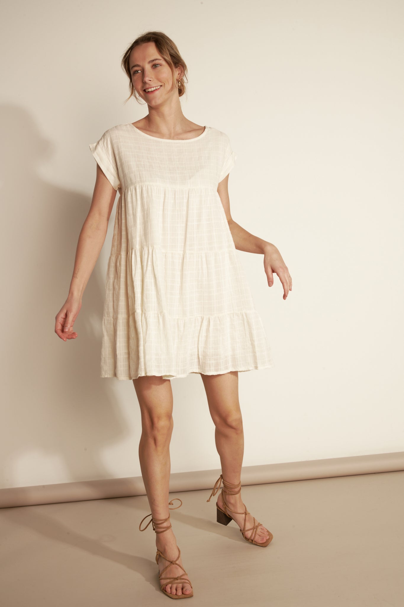 COTTON VEIL TEXTURED LINED Ruffled Tunic Dress - NATURAL