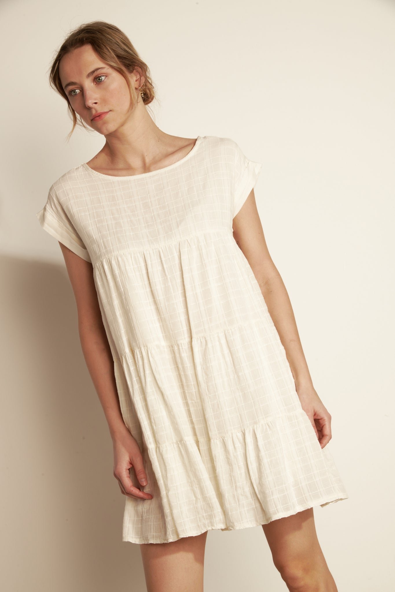 COTTON VEIL TEXTURED LINED Ruffled Tunic Dress - NATURAL