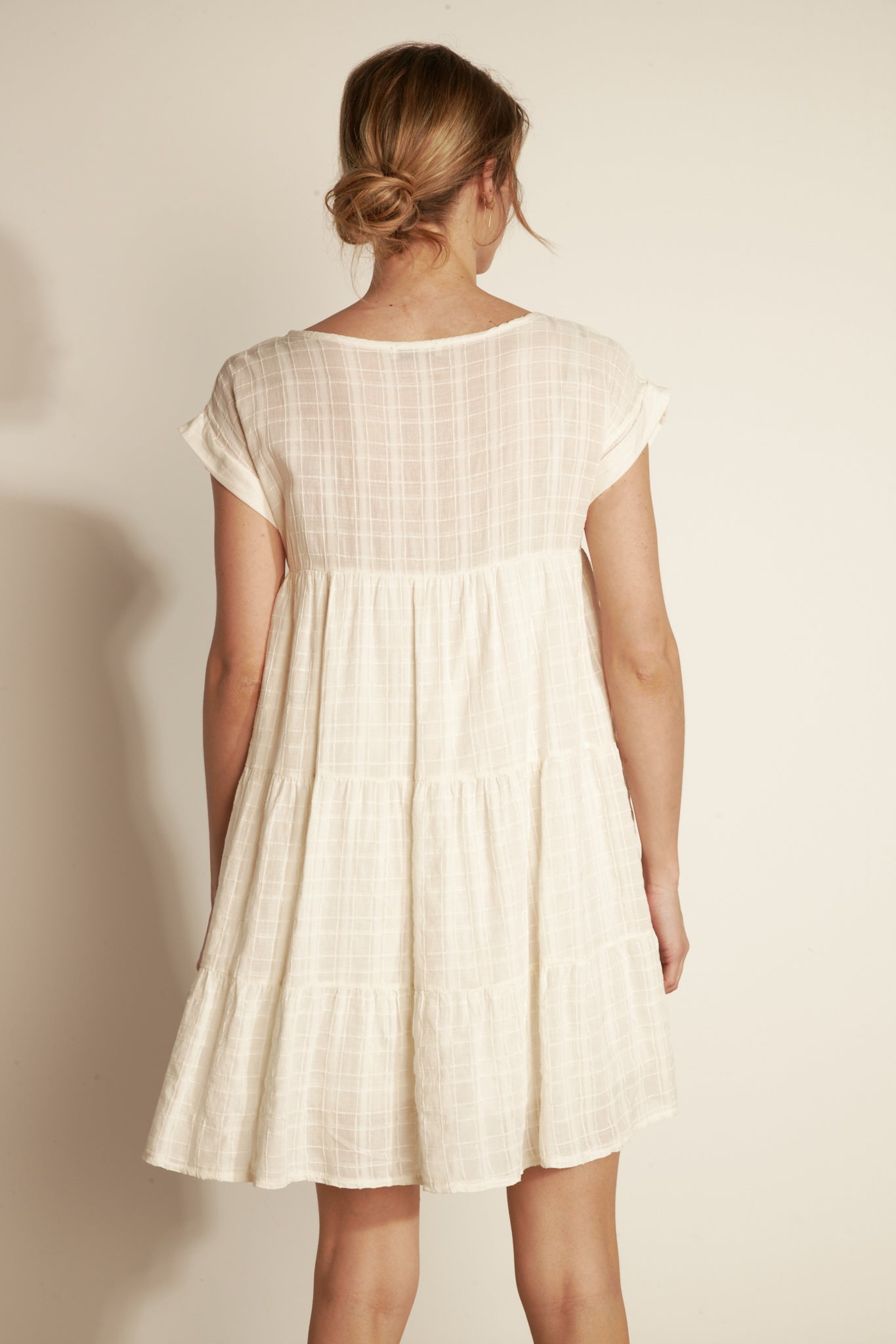 COTTON VEIL TEXTURED LINED Ruffled Tunic Dress - NATURAL