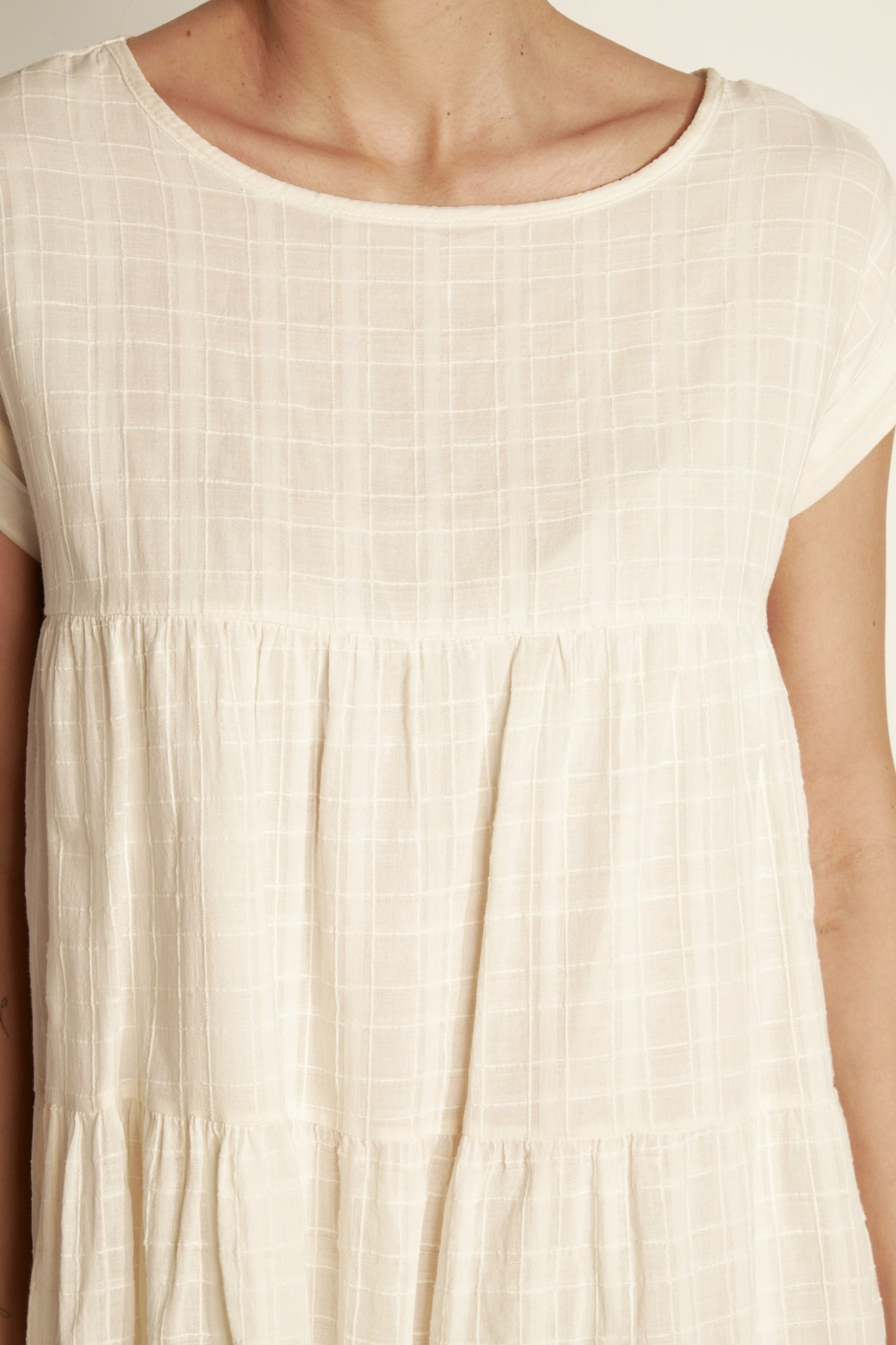 COTTON VEIL TEXTURED LINED Ruffled Tunic Dress - NATURAL
