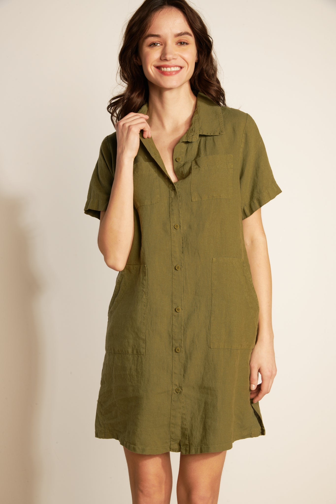 LOOSE SHORT-SLEEVED LINEN DRESS - KHAKI