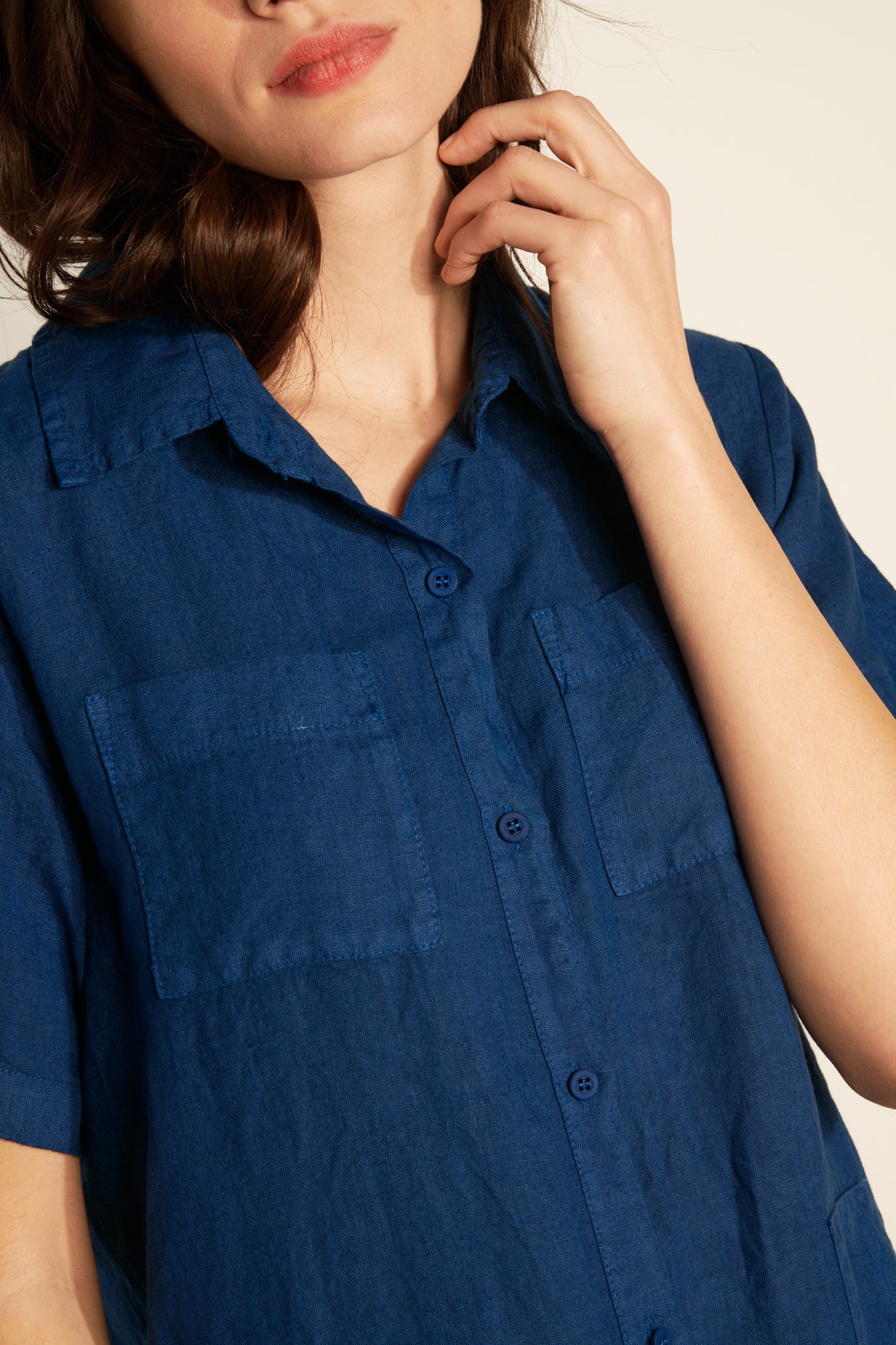 LOOSE SHORT-SLEEVED LINEN DRESS - OCEAN