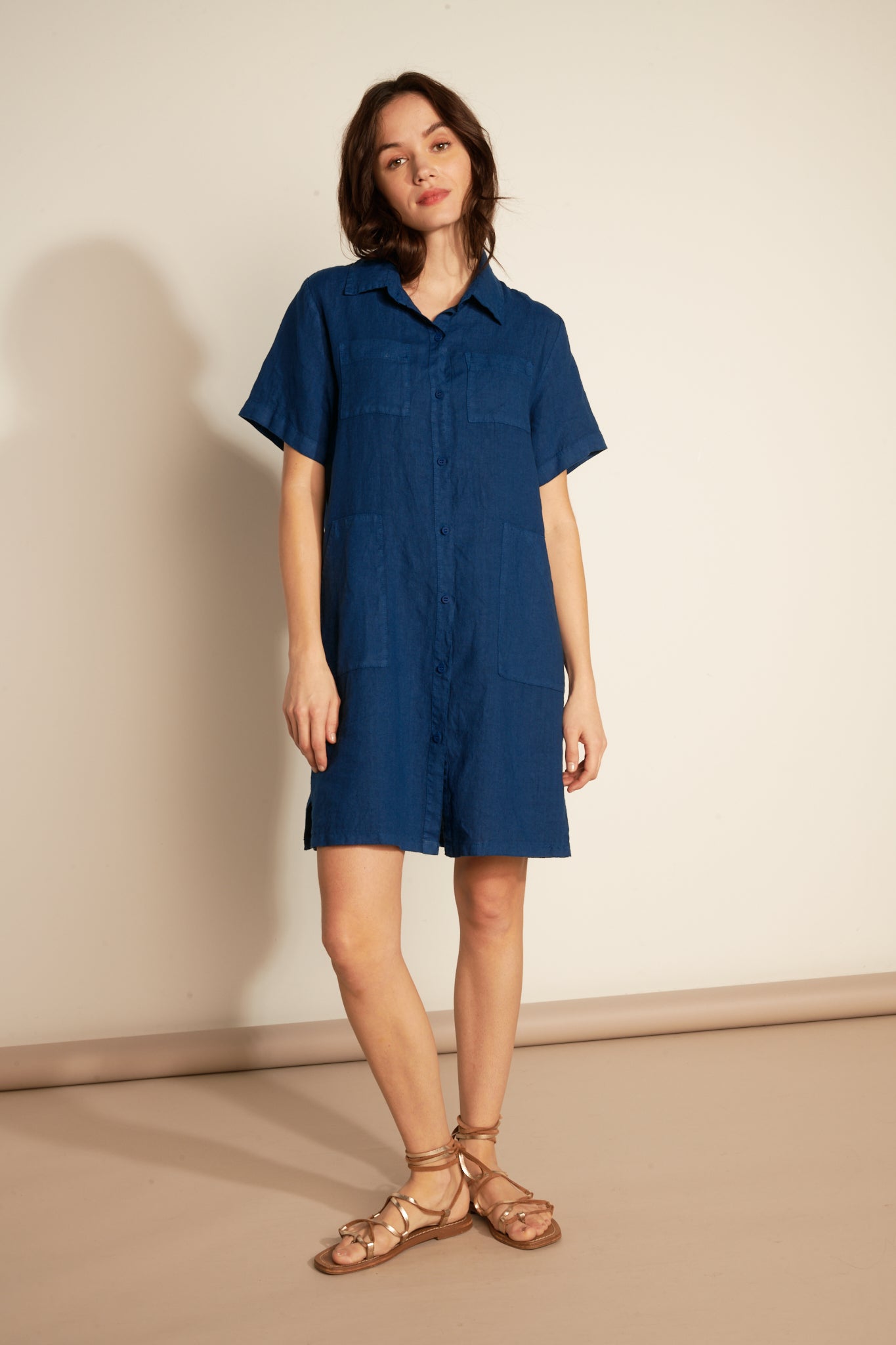 LOOSE SHORT-SLEEVED LINEN DRESS - OCEAN
