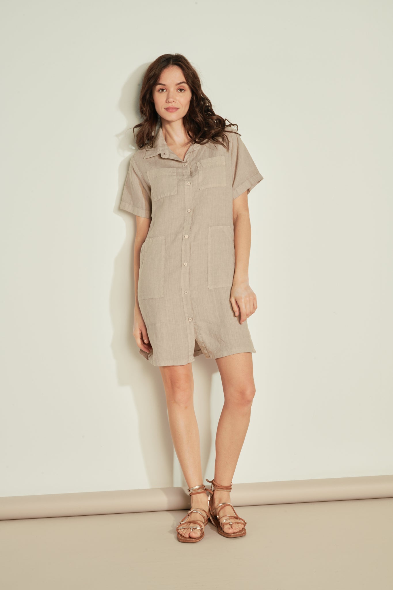 LOOSE SHORT-SLEEVED LINEN DRESS - SAND