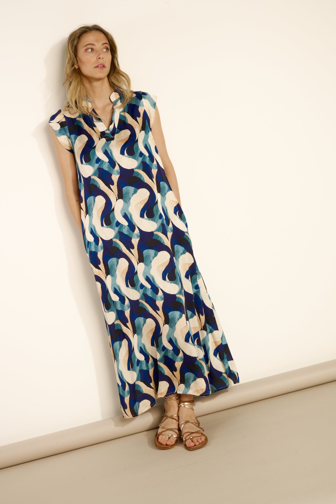 LONG AURORE PRINTED DENIM DRESS