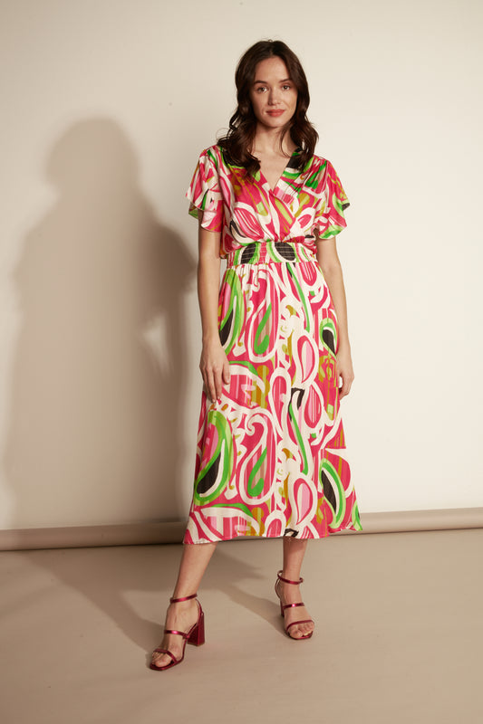 SMOKEE SIZE GLAM PRINT MIDI DRESS - PISLEY FUSHIA