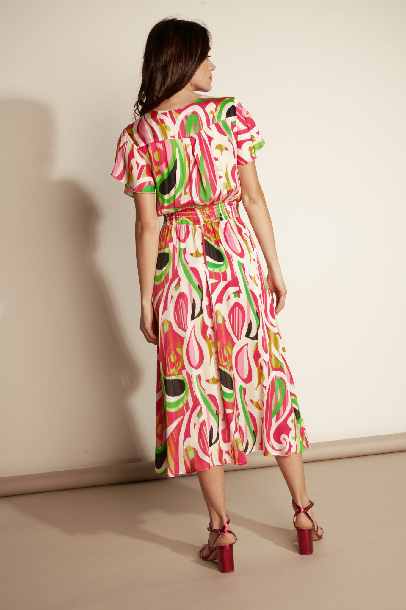SMOKEE SIZE GLAM PRINT MIDI DRESS - PISLEY FUSHIA
